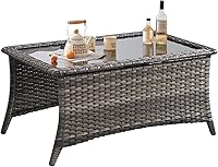 Vista 15 de Belord Mesa de centro para exteriores con parte superior de vidrio templado, mesa rectangular de mimbre gris claro, mesa de centro de ratán tejida a