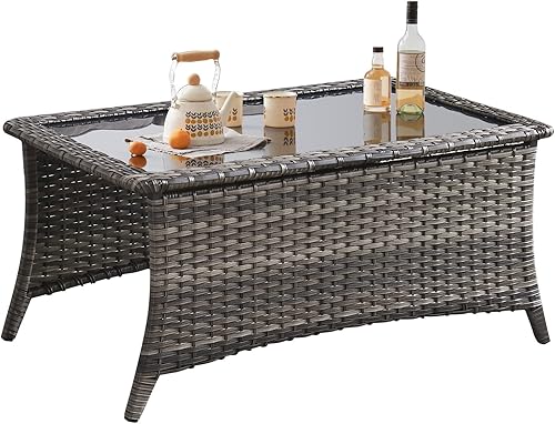 Miniatura 15 de Belord Mesa de centro para exteriores con parte superior de vidrio templado, mesa rectangular de mimbre gris claro, mesa de centro de ratán tejida a