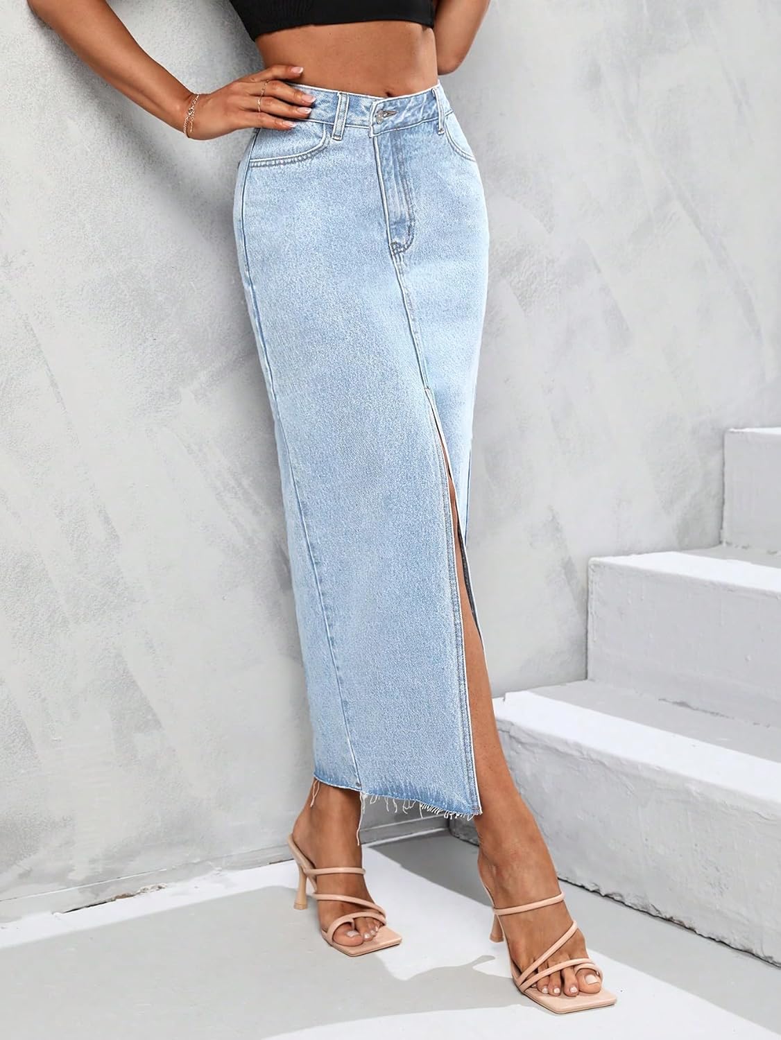 Women's High Waist Stretch Maxi Denim Skirt Front Split Frayed Raw Hem A line Casual Long Jean Skirt - Image 4