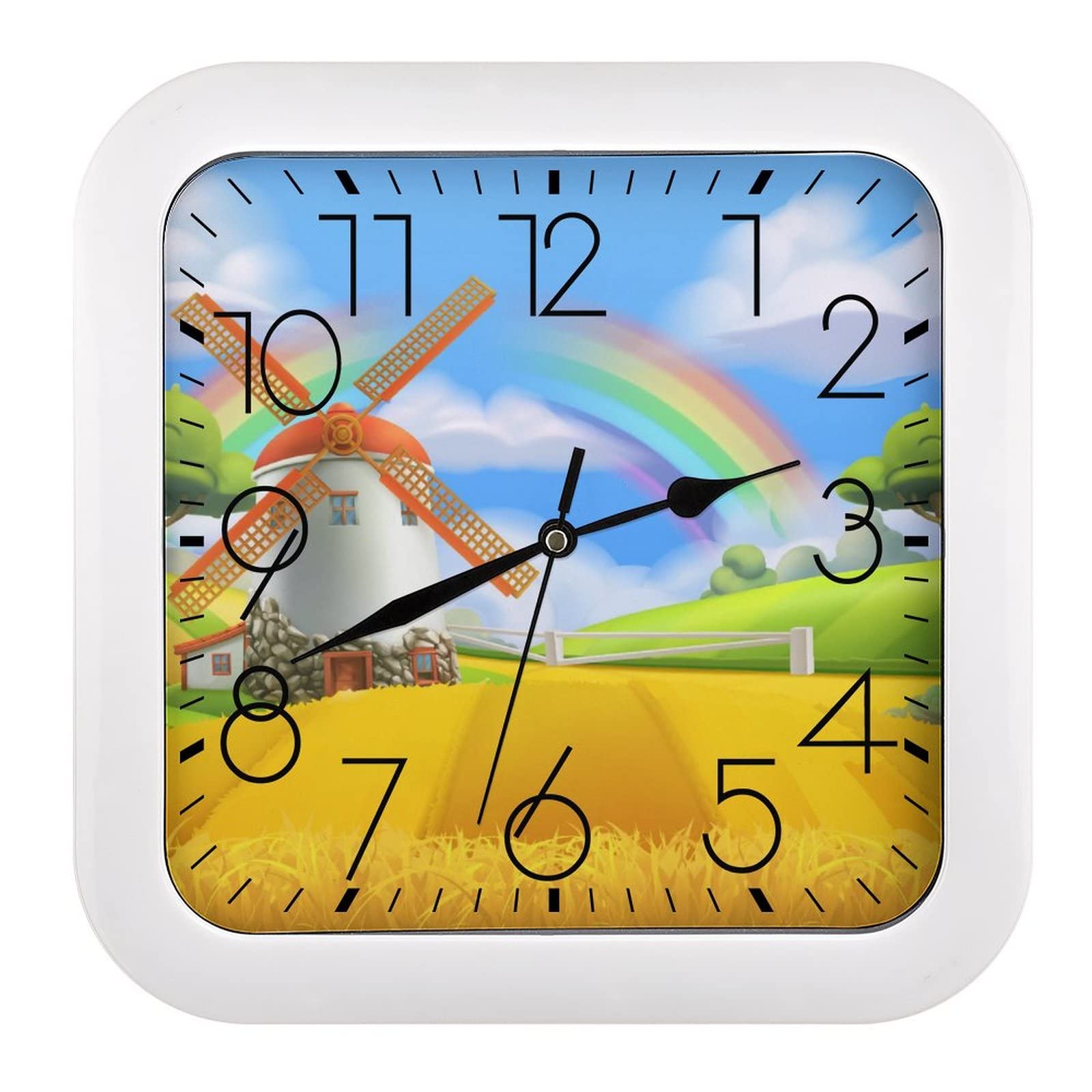 Horloge murale carrée grands chiffres moulin à vent multicolore salon chambre 26cm