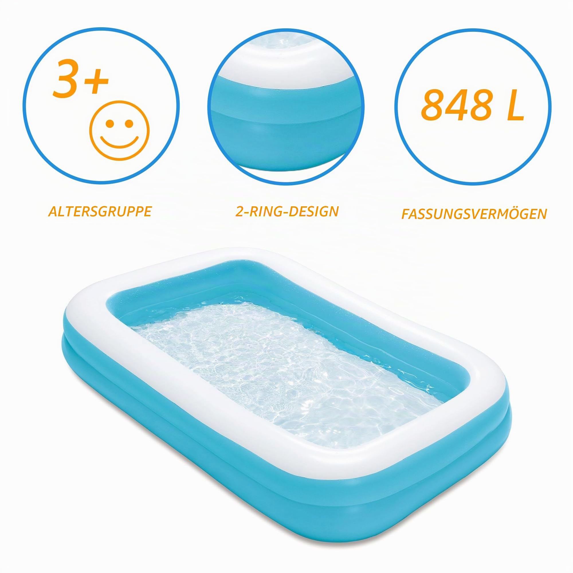 Summer Waves Pool, Aufblasbarer Pool, Familienpool, Gartenpool, Rechteckiger Kinderpool, 3,05 M x 1,83 M x 46 cm