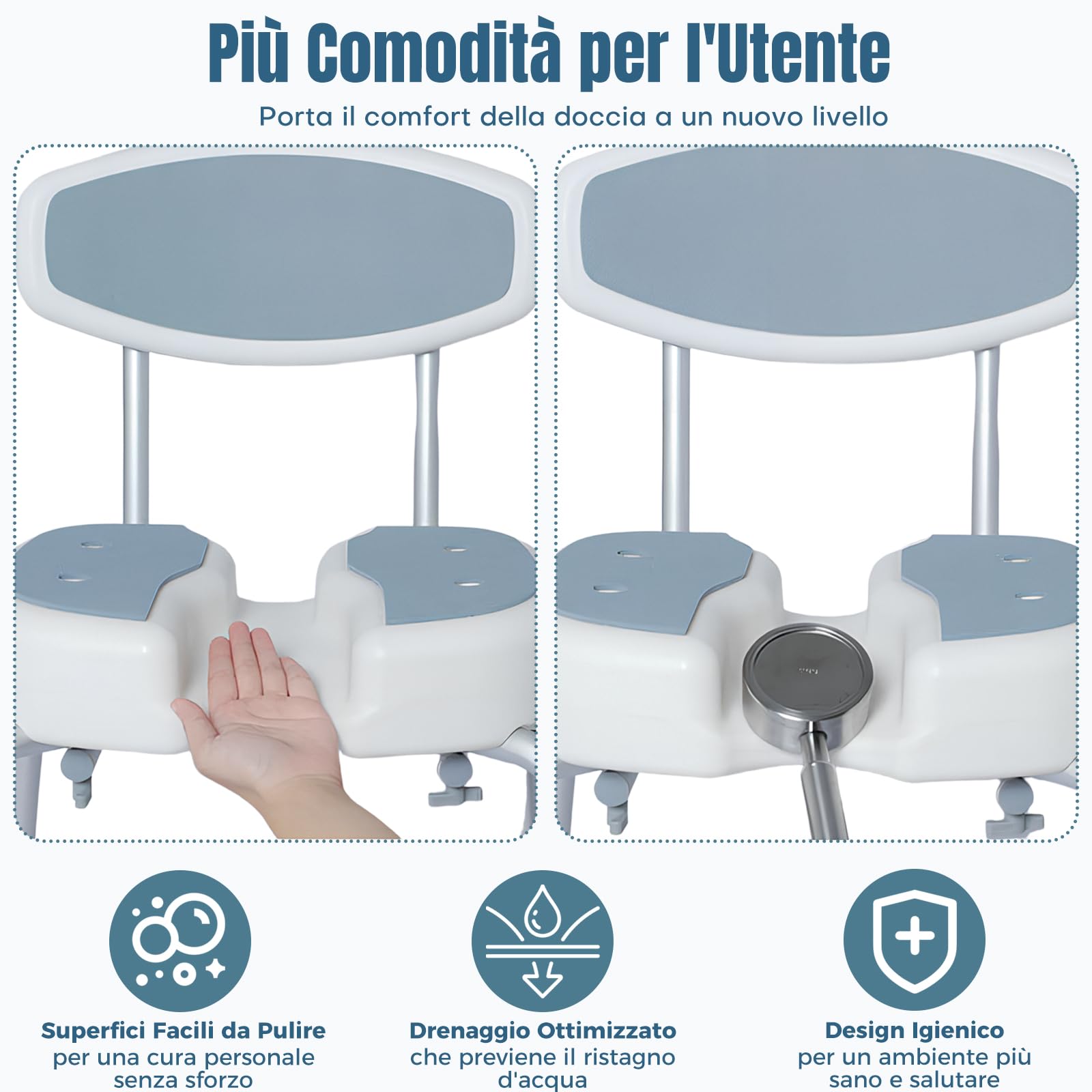 Sedia Doccia Anziani Sgabello Doccia Anziani con Braccio Rimovibile Sedile con Schienale Antiscivolo in Alluminio 5 Altezza Regolabile Fino a 136kg