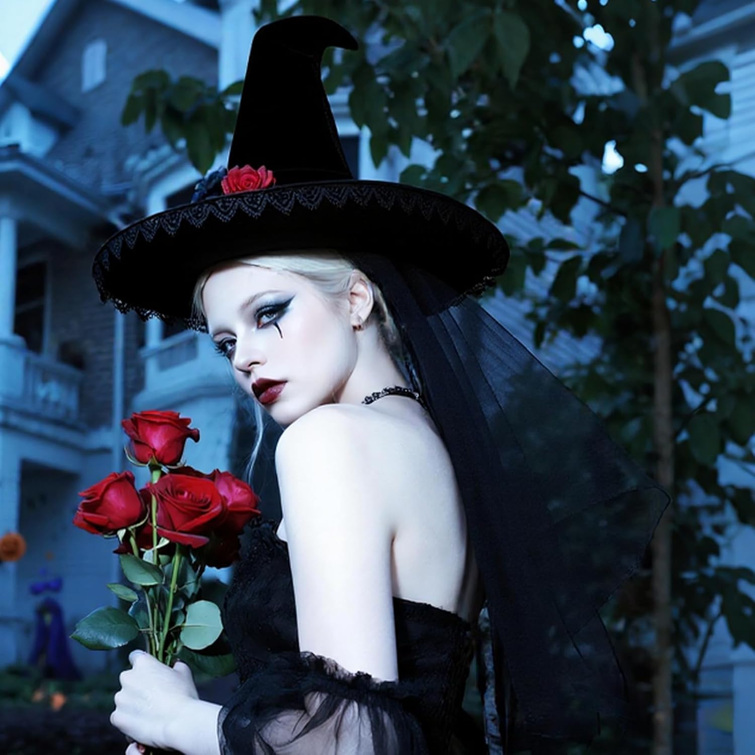 Halloween Witch Hat for Women Adult, Black Wizard Cosplay Costume Party Accessory Decoration(Veil) - Image 3