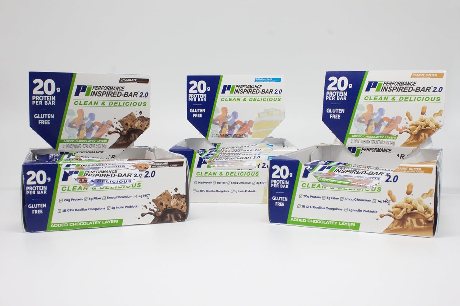Performance Inspired Nutrition Protein Bar 2.0 Mixed Box – 12 Bars (4 Chocolate, 4 Peanut Butter, 4 Birthday Cake) – 20G Protein, 6G Fiber, 4G MCTs, 1 Billion CFU Probiotics – Gluten-Free