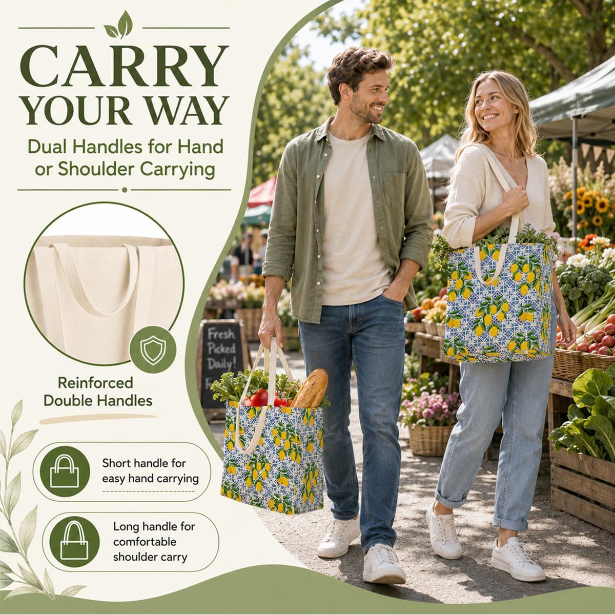 Miss Adola Large Canvas Grocery Tote Bag - Reusable Large Shopping Shoulder Bags with 4 Inner Pockets & 2 Handle Strap