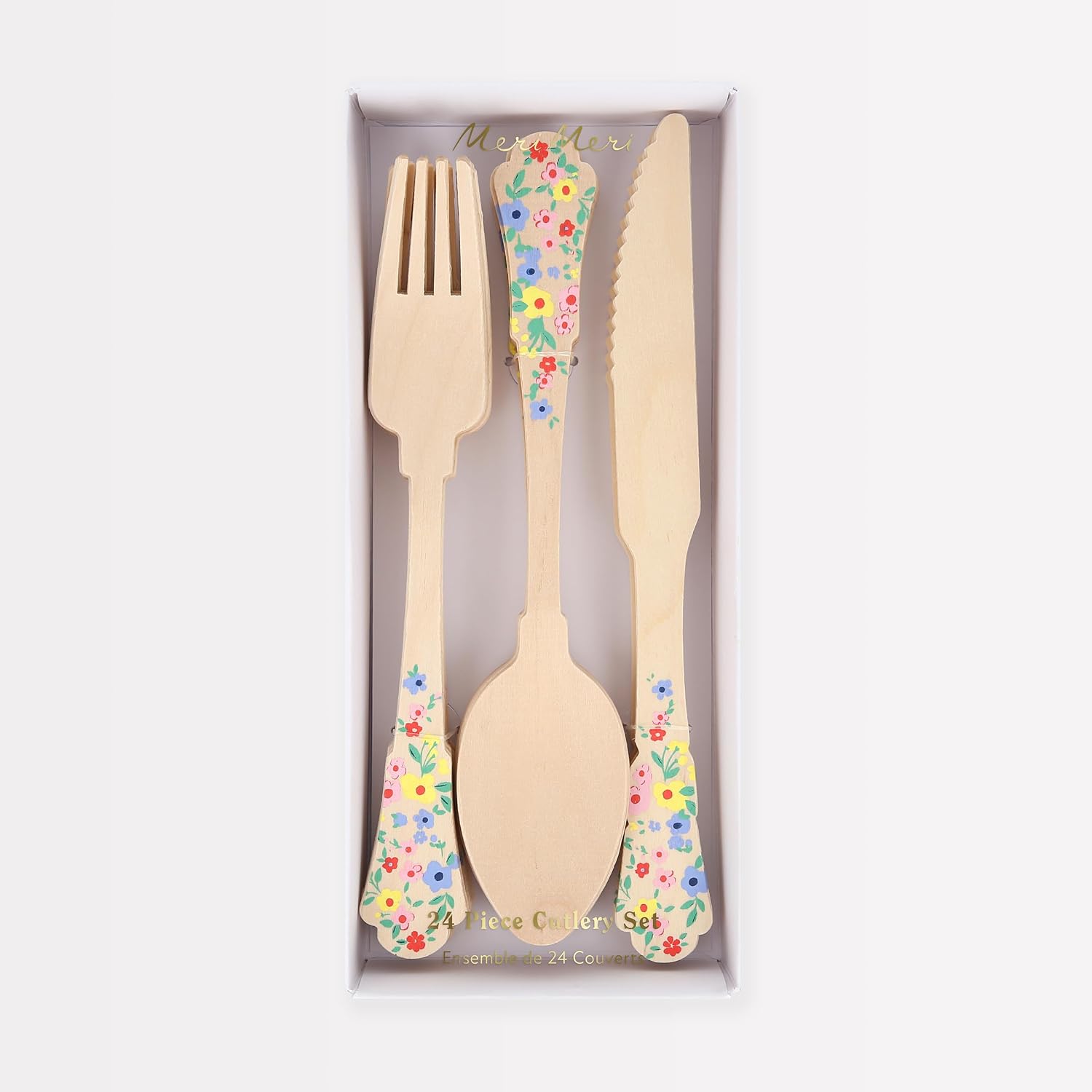Meri Meri Elegant Wooden Cutlery Set (Pack of 24), Made from Birch Wood, Stylish Disposable Cutlery Set, Perfect for Birthday Parties, Picnics, & BBQS, Kids & Adults