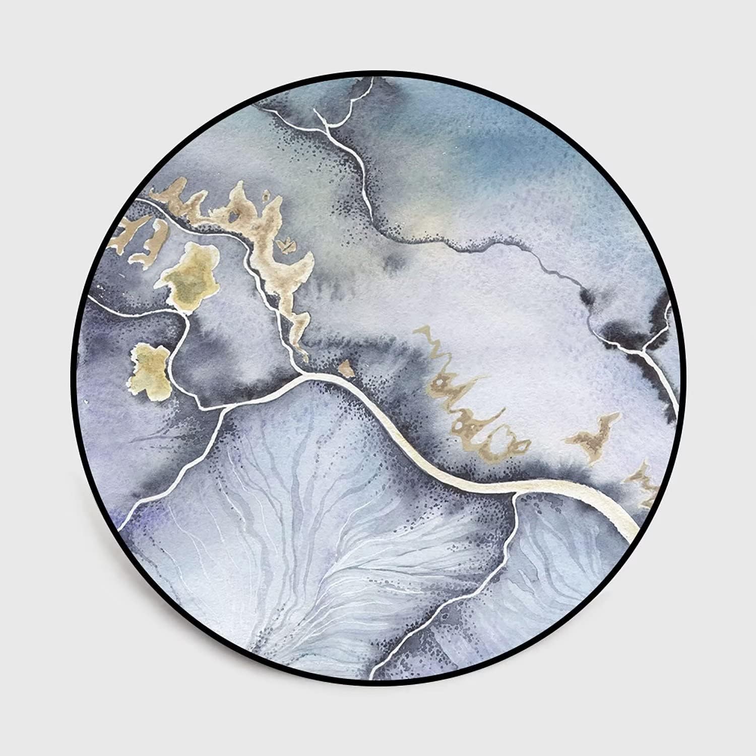 Small Circle Rug for Bedroom 3 ft Abstract Modern Area Rug Washable Mountain Round Rug Grey Gold Carpet for Dining Room Non-Slip Floor Flat