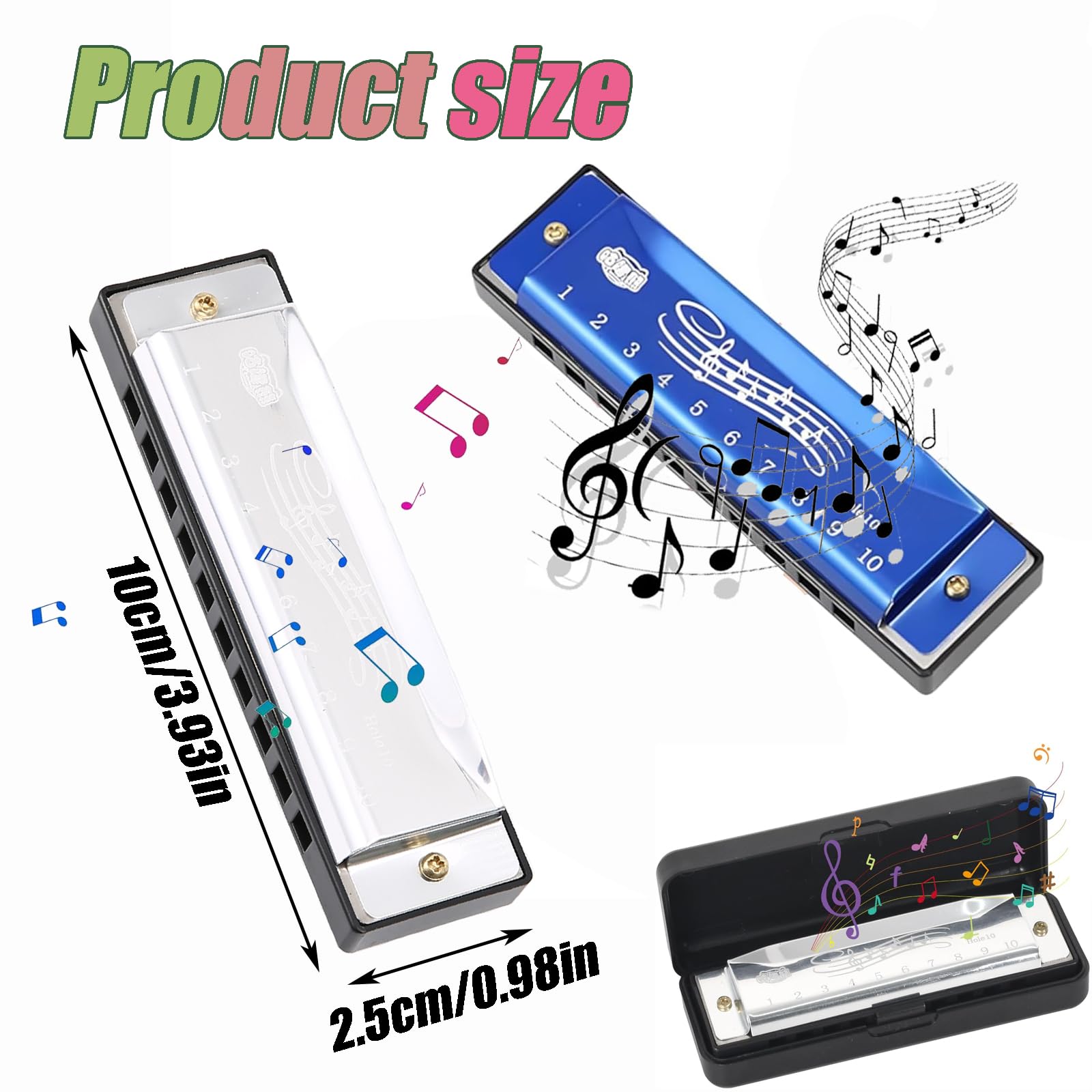 2Pcs Harmonica, Harmonicas for Adults Metal and Plastic Construction, Harmonicas, 10 Holes 20 Tones, Blue and Silver - Image 2