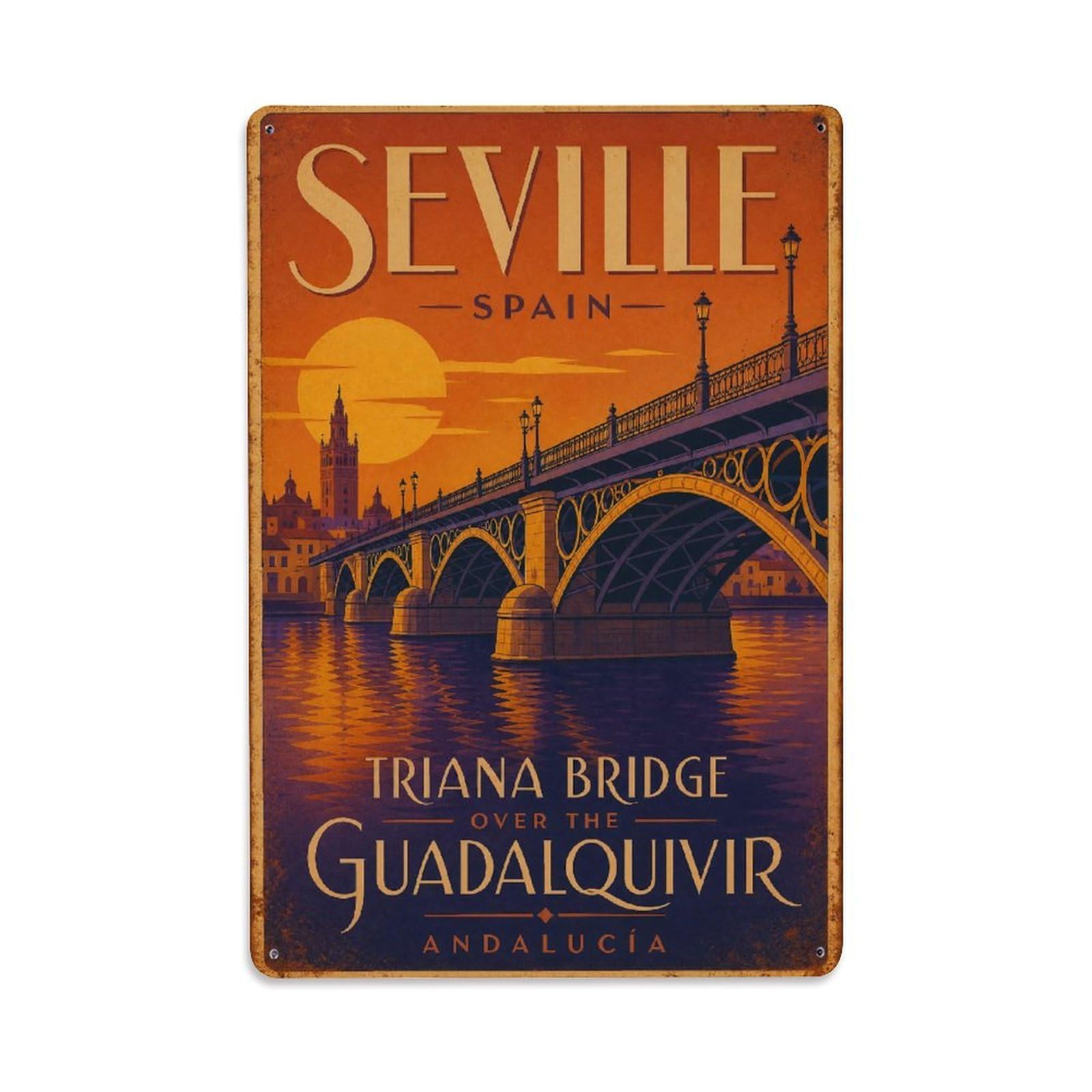 Yrnq 08X12inch Vintage Style Vintage Triana Bridge Guadalquivir Sunset Reflections Spain Metal Tin Sign