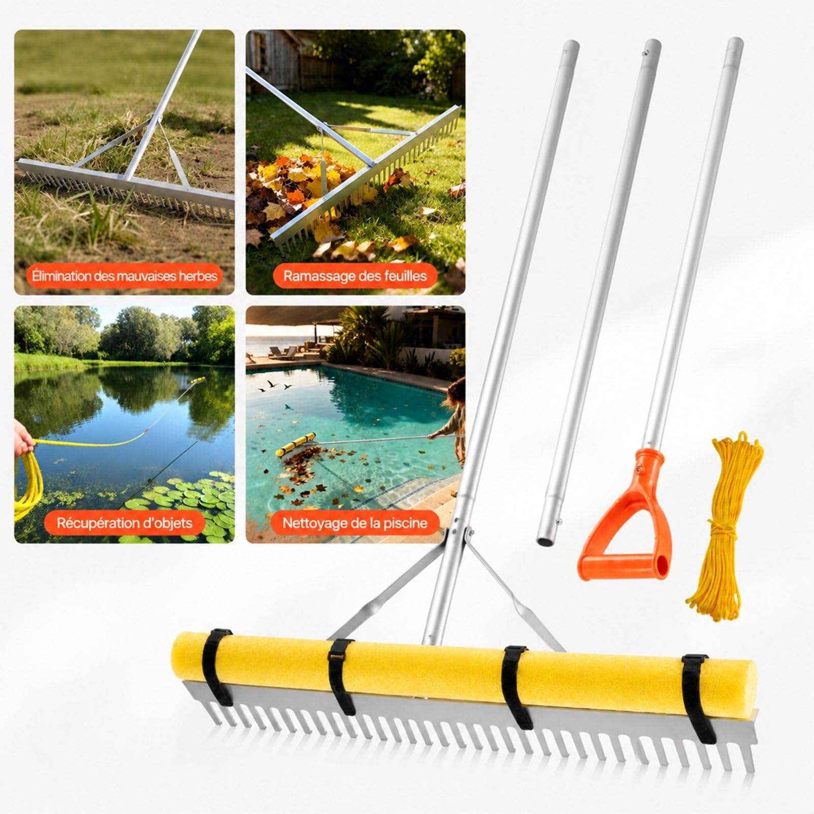 Aluminiumrechen für Laub und Gartenarbeiten, Handwerkzeug mit Stiel für Landschaftsgestaltung, Hof, Teich, Kies, Strand und Rasenpflege