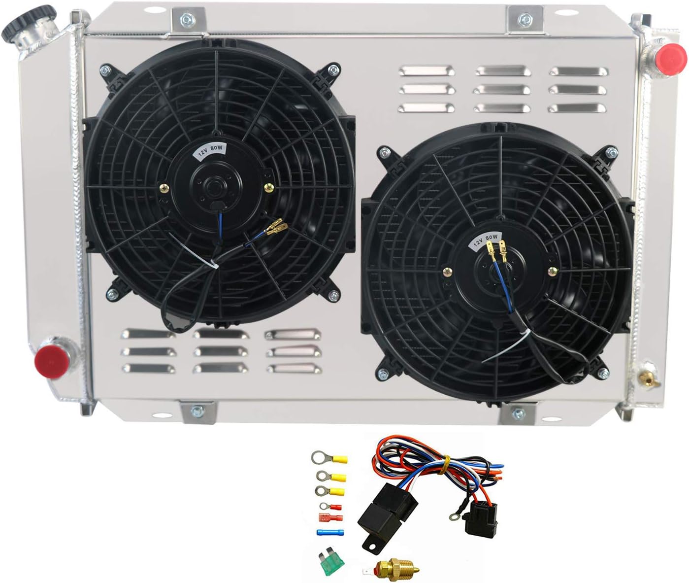 ALLOYWORKS 2 Row Aluminum Radiator + 2X12" Fan Shroud + Relay for 1979-1993 Ford Mustang 1980-1988 Mercury Cougar