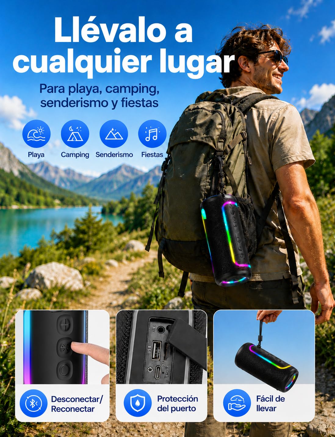 UOHHBOE Altavoz Bluetooth Portátil 30W, Sonido 360° y Graves Potentes | Bluetooth 5.4, Batería Hasta 30H, IPX5 Resistente al Agua, TWS Estéreo y Luces RGB para Fiestas, Playa y Camping