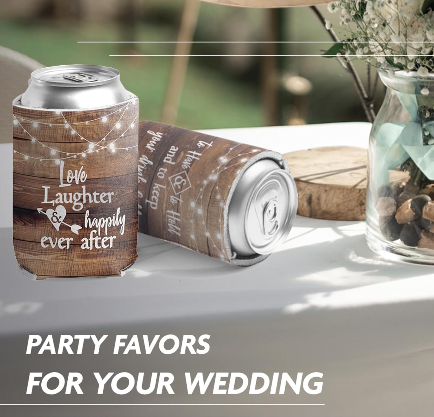 52-Pack Wedding Can Coolers – Love Laughter and Happily Ever After – To Have and To Hold – Rustic Wood Grain Wedding Favors – Includes Bride & Groom Sleeves – 12-16 oz Can Sleeves (Standard)