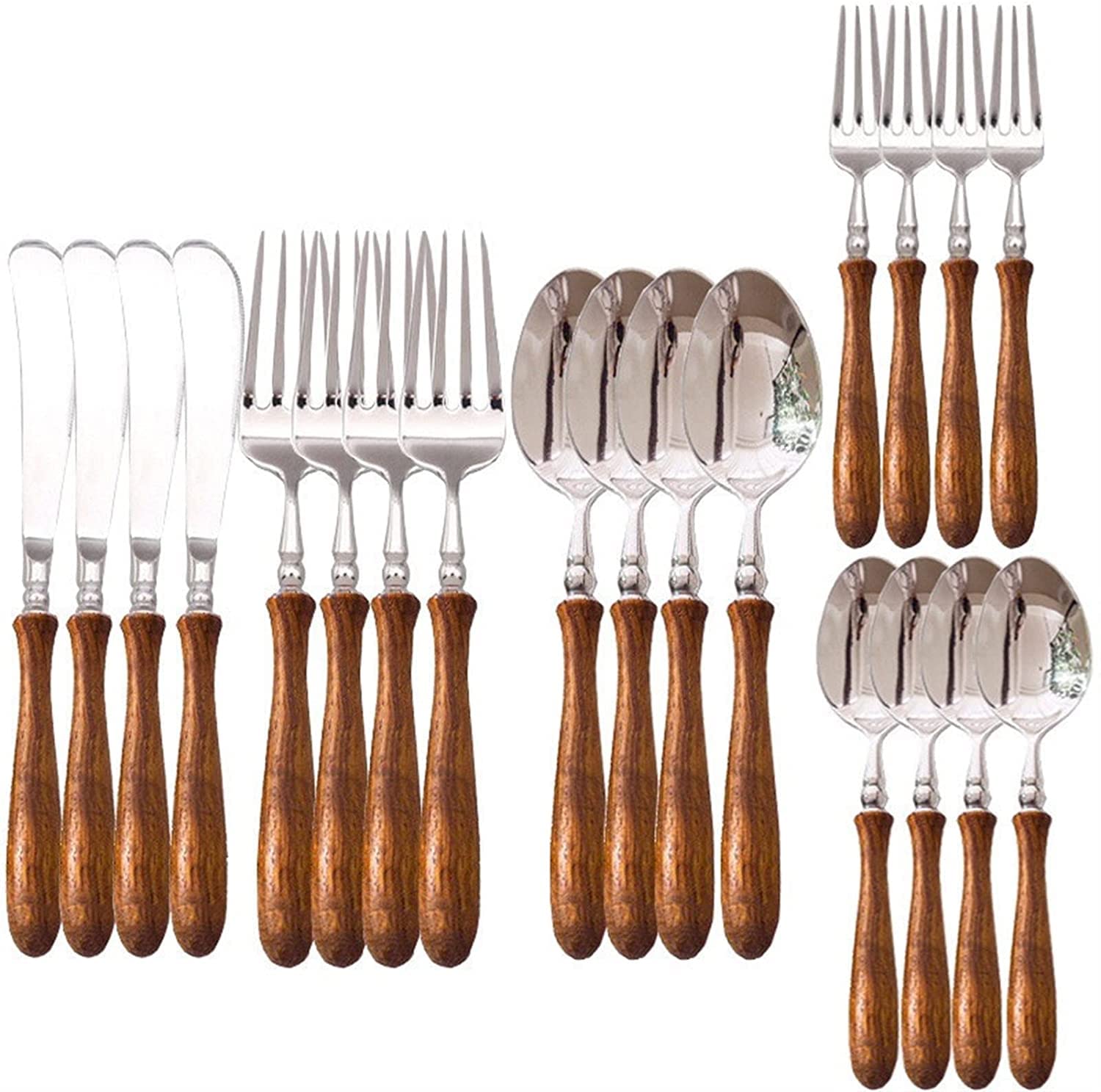 Ensemble de Couverts en Acier Inoxydable avec Fourchette, Couteau et cuillère, 5 pièces, 20 pièces, Manche en Bois véritable Naturel