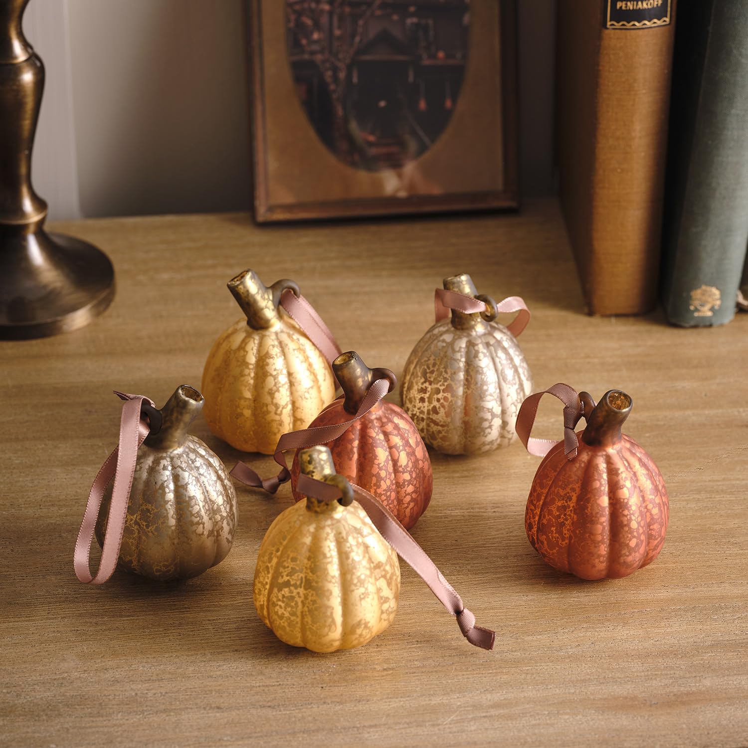 Lights4fun Orange, Silver, Yellow Set Of 6 Mottled Mercury Glass Mini Pumpkin Hanging Tree Autumn Indoor Decorations