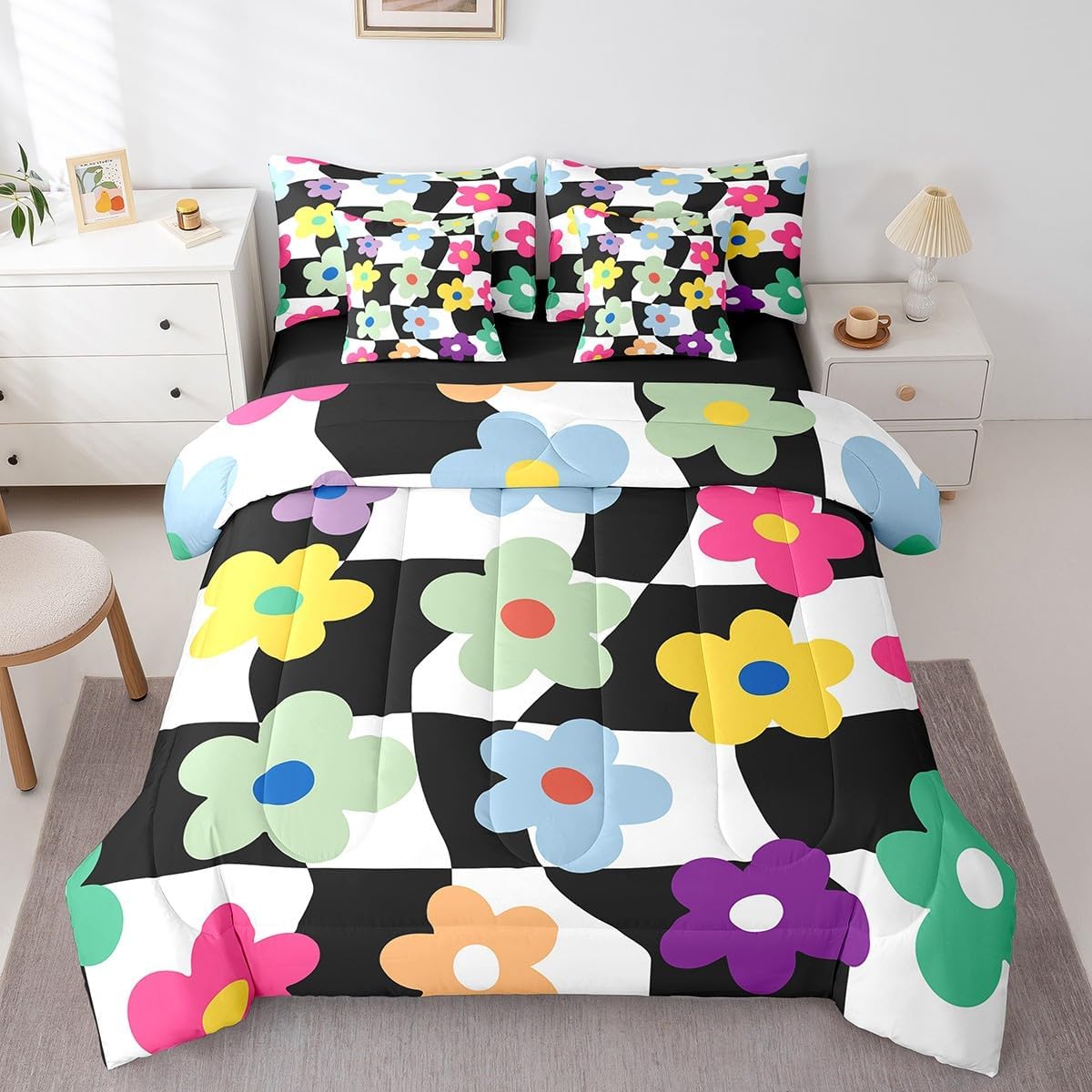 Feelyou Floral Print Bedding Set Queen Size Cartoon Flower Comforter Set 7 Pieces Blossom Botanical Geometric Modern Abstract Art Bed in a Bag Black Bed Set with Comforter, Sheet Set, Pillowcases