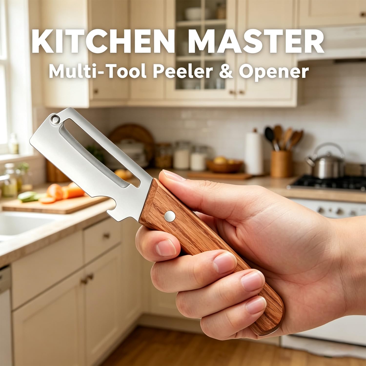 2-in-1 Multifunctional Vegetable Peeler with Wooden Handle & Stainless Steel Blade, Multifunctional Vegetable Peeler, Built-in Bottle Opener, Fruit & Vegetable Kitchen Peeling Tool (1Pcs) — view 4