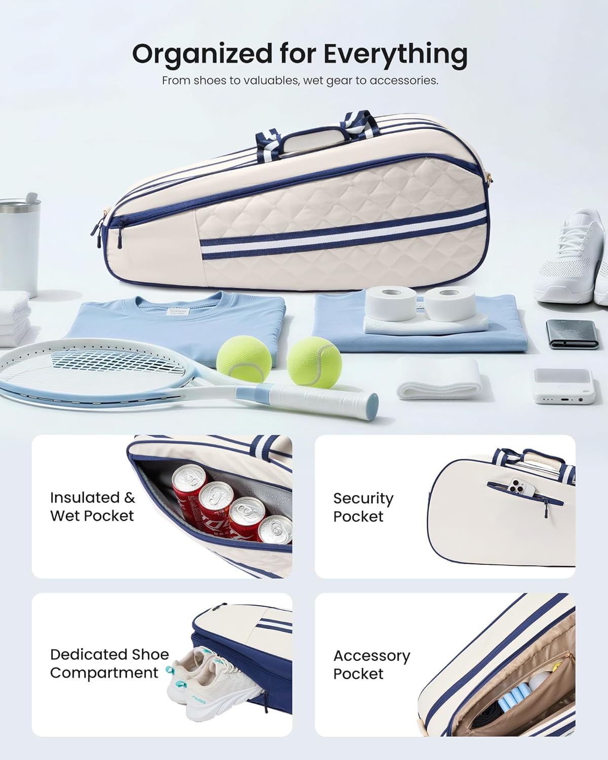 Sucipi Tennis Bag for Women & Men, 3-6 Rackets Tennis Racket Bag with Shoe Compartment & Insulated Pocket, Water-Resistant Gym Bag, Perfect Tennis Accessories for Court Training & Daily Use