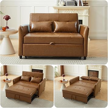 Brown Convertible Sofa Bed, 3-in-1 Sleeper Sofa with Pull-Out Bed, PU Leather Futon Couch with Adjustable Backrest, USB Port for Living Room, Bedroom, Apartment, RV Brown