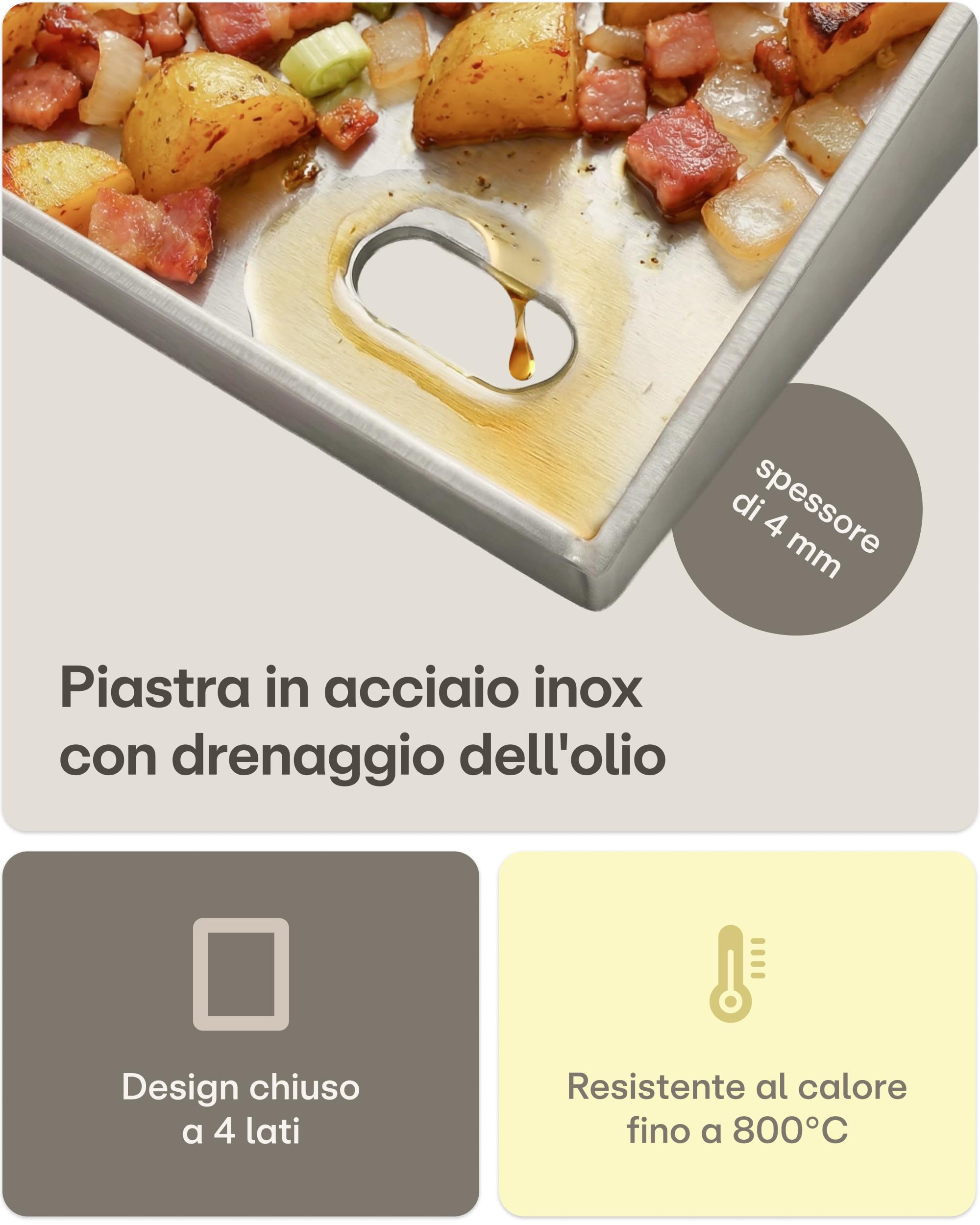 Praknu Piastra Plancha da Barbecue (30x40cm) – Piastra per Barbecue a Gas per Smash Burger– 2 Spatole Incluse – Piastra di Cottura per Barbecue a Gas e Carbonella – Piastra in Acciaio Facile da Pulire