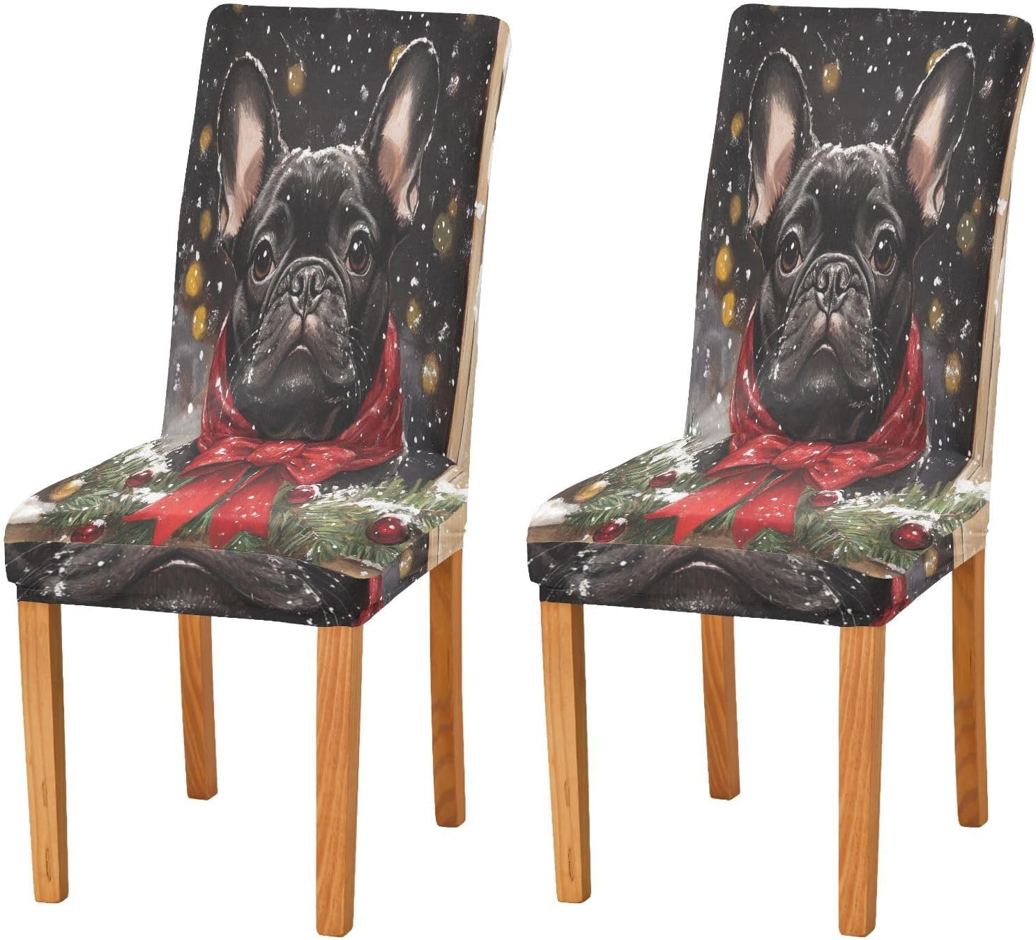 ALAZA Chair Covers for Dining Room, Black French Bulldog Christmas Scene Snow Stretch Chair Cover Sets Chair Protector Removable Washable for Ktichen Restaurant Hotel