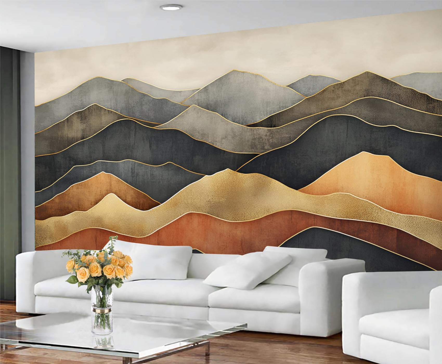 GIVLWF Landscape Wallpaper, Waves Mountain Peel and Stick Wallpaper for Bedroom, Abstract Mountain Wall Paper for Living Room, Retro Wall Mural, Natural Scenery Large Mural & Room Decor