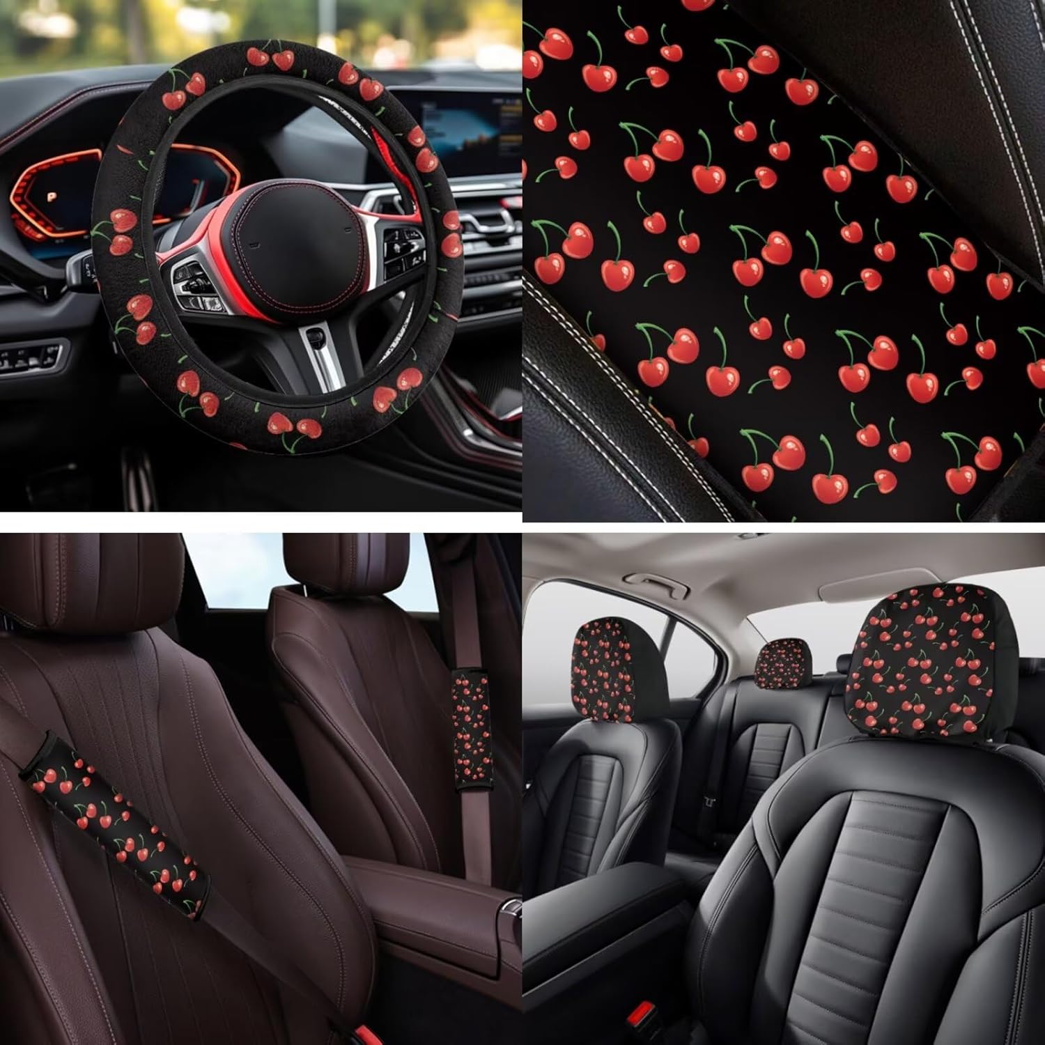 Cute Cherry Automobile Seat Cover Sets 14 Pack with Car Steering Wheel Cover Arm Rest Cover Car Head Rest Protector Seat Belt Pads Universal for Auto Truck Van SUV
