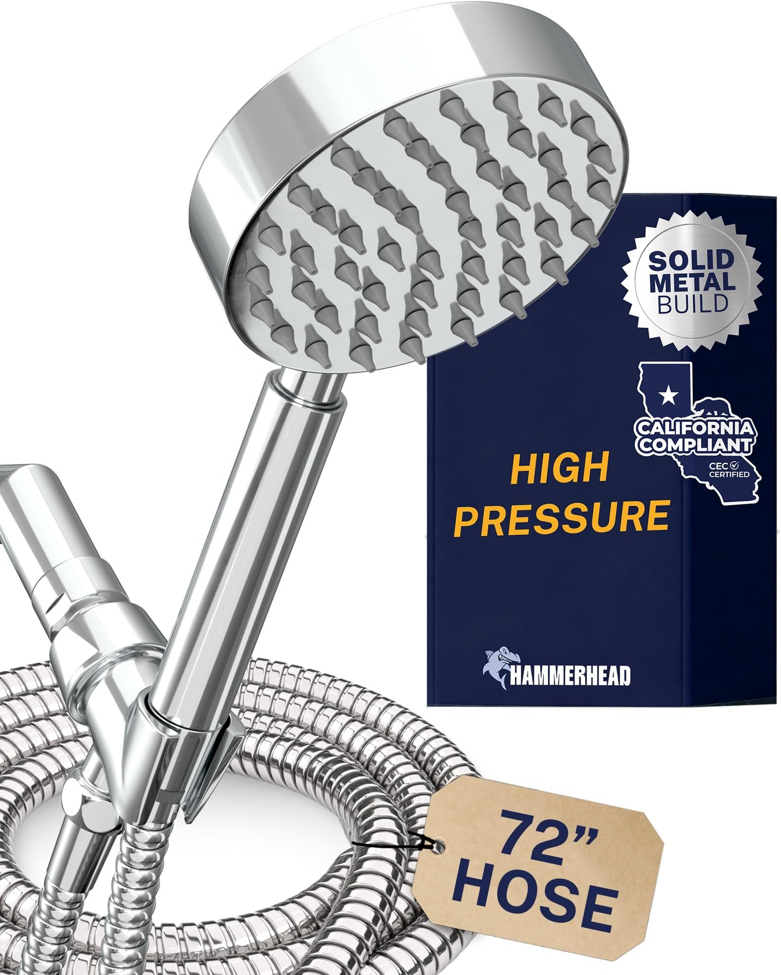 Solid Metal LOW FLOW Handheld Shower Head with Hose and Brass Holder - CHROME – Water Saving 1.75 GPM Detachable Shower Head - Adjustable Shower Wand Bracket & 6ft Hose