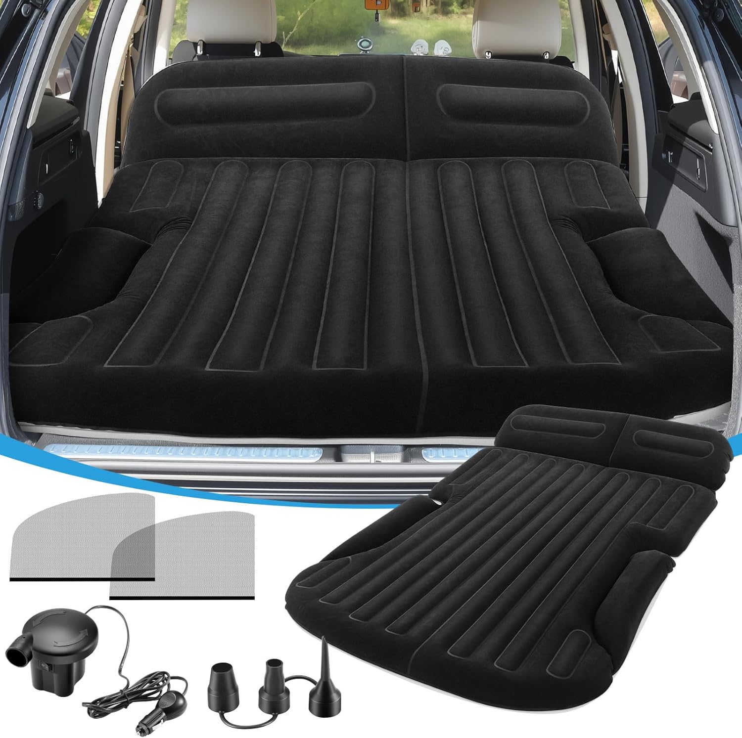 KMZ SUV Air Mattress with Electric Pump, Thick Double-Sided Flocked Camping Bed, Includes 2 Pillows & 2 Window Screens, Inflatable Travel Mattress for SUV Trunk and Rear Seat – Black