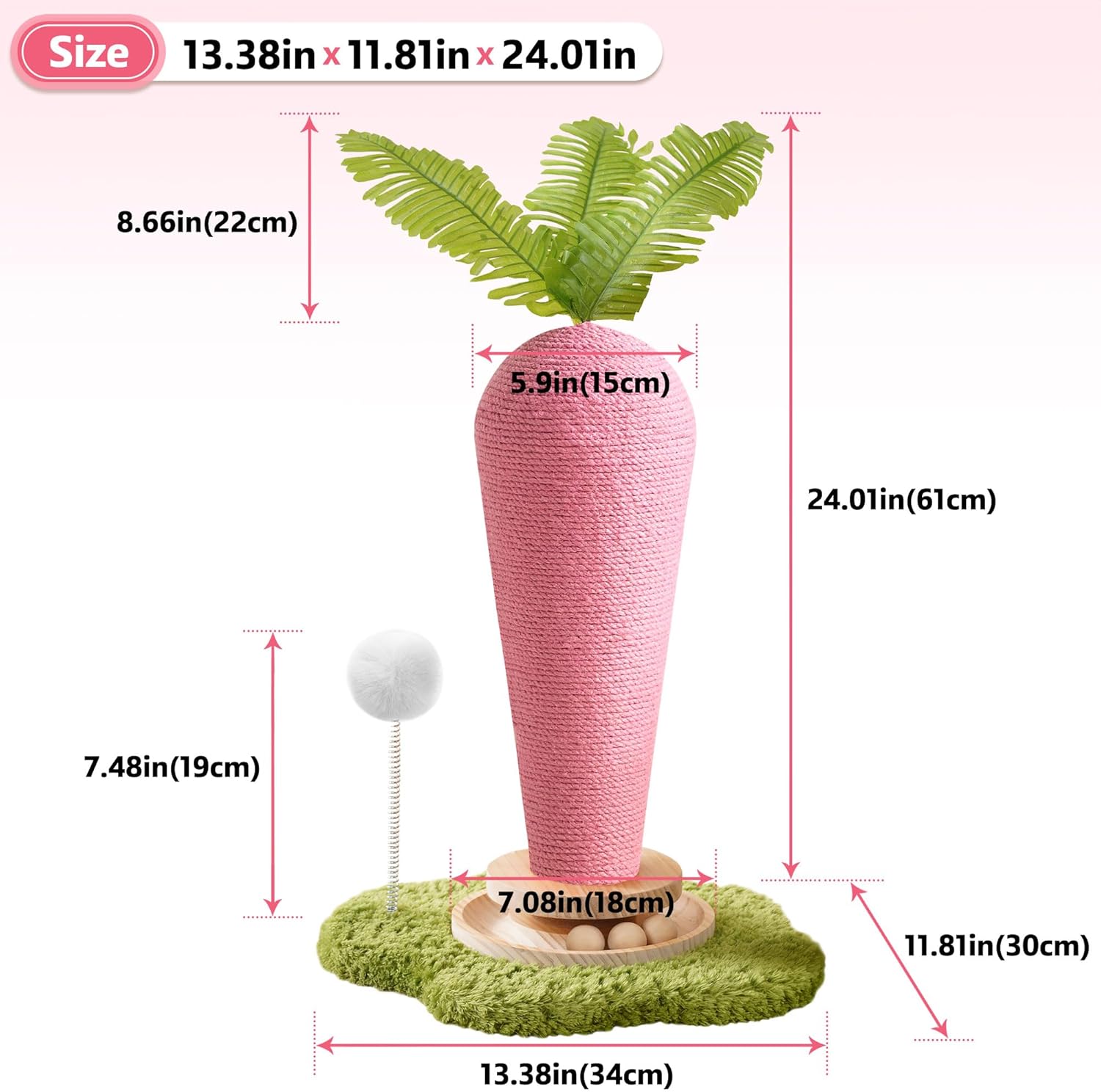 Cute Cat Scratching Post, Carrot Cat Scratcher Post with Durable Natural Wooden Turntable Toy and Catnip, 24'‘ H Carrot Shape Design Sisal Cat Tree Sisal Scratcher for Indoor Cats (Cloud Base)