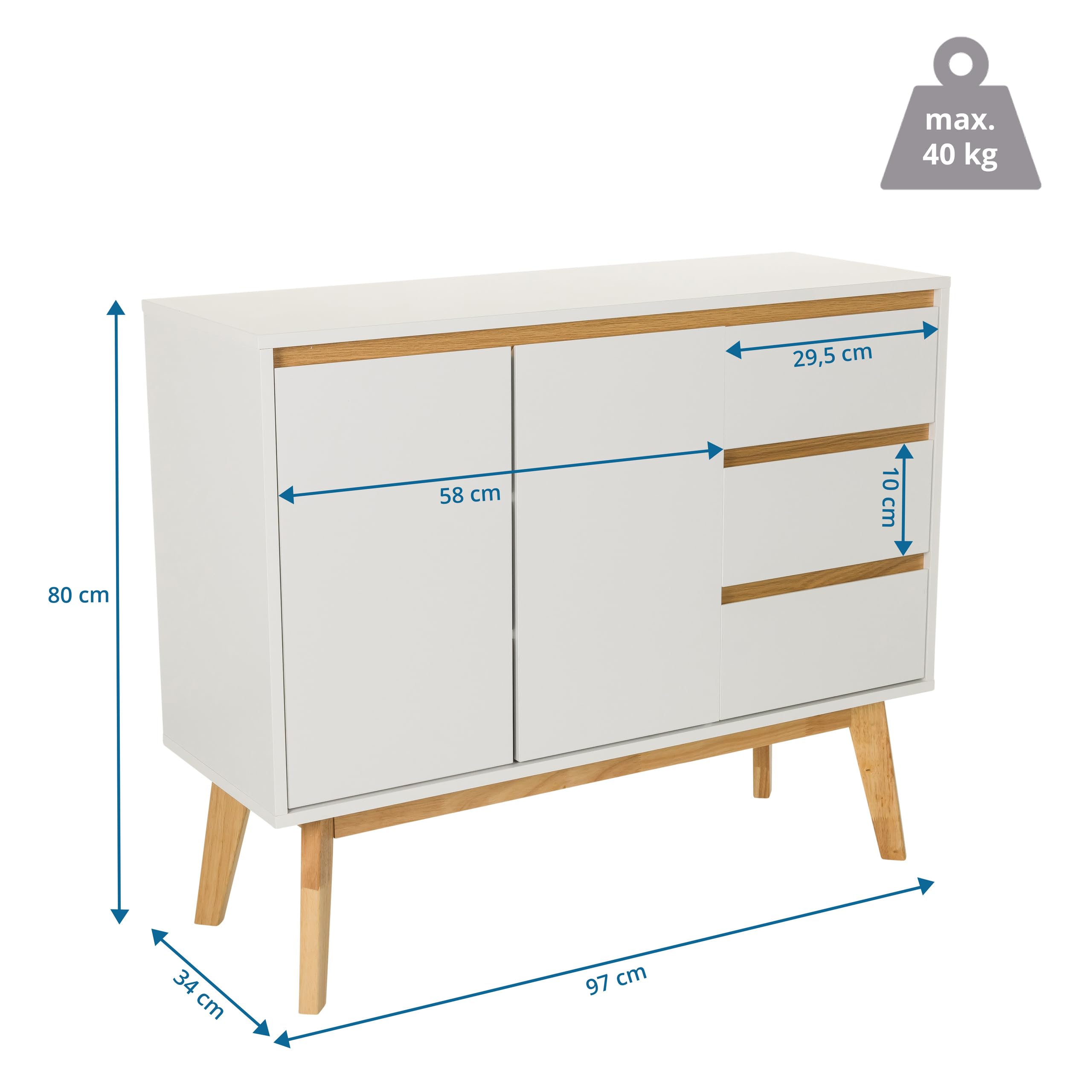 Cassettiera con 3 cassetti, 2 ante TAROLO I Credenza in stile scandinavo, chiusura ammortizzata, design senza maniglie, mobile con gambe in legno, bianco
