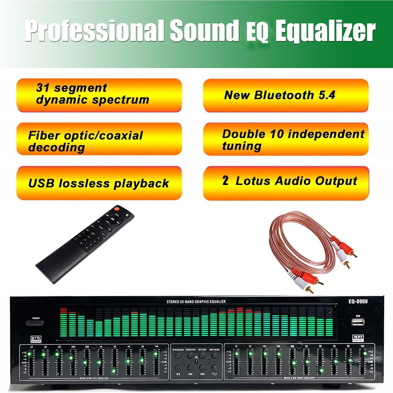 Ecualizador gráfico de 31 Bandas, EQ8000 Dual de 10 Bandas, analizador de Espectro Musical, con reducción de Ruido, 12 Patrones rítmicos, para Estudio de grabación y Escenario.