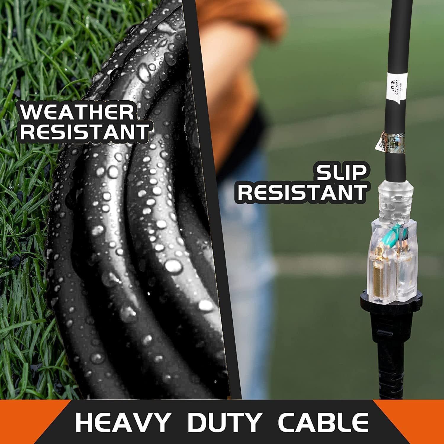 Cable de extensión para exteriores con iluminación de 12/3 de calibre 12, 3 puntas SJTW, cable de extensión negro resistente con enchufe de 3 puntas para mayor seguridad, certificado UL