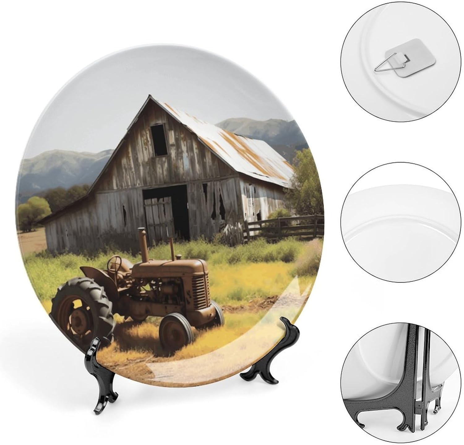 Old Wooden Barn with Rusted Tractor Decorative Plates for Display Round Porcelain Plate Living Room Table Ceramic Hanging Decorative Plate Art Decor for Living Room Table with 1 Display Stand