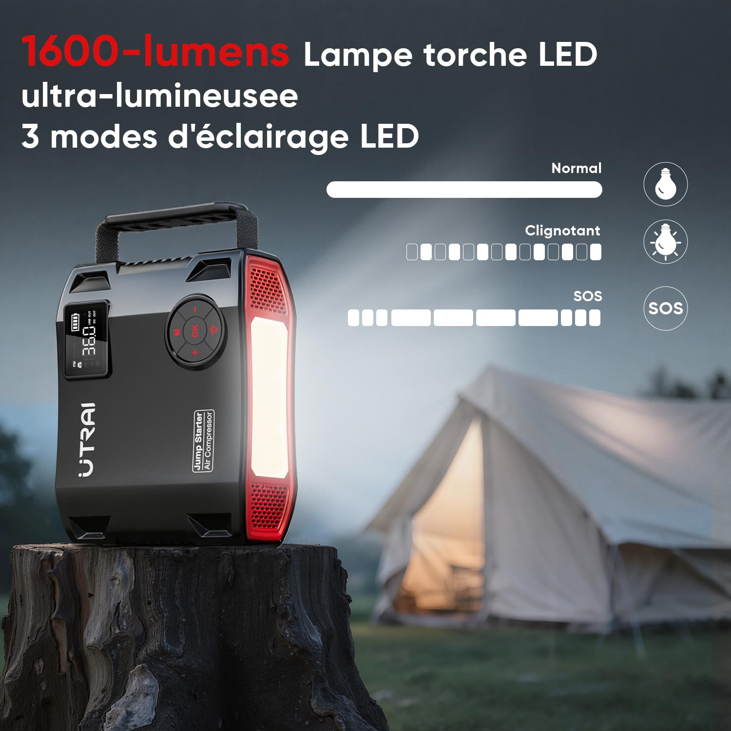 UTRAI 27000mAh Booster Batterie Voiture 8000A, Demarreur Batterie Voiture avec 1600 Lumens LED, Gonfleur, Sortie CC 160 W, 18W Charge Rapide, Jump Starter Portable (Tous Gaz ou 12L Diesel)