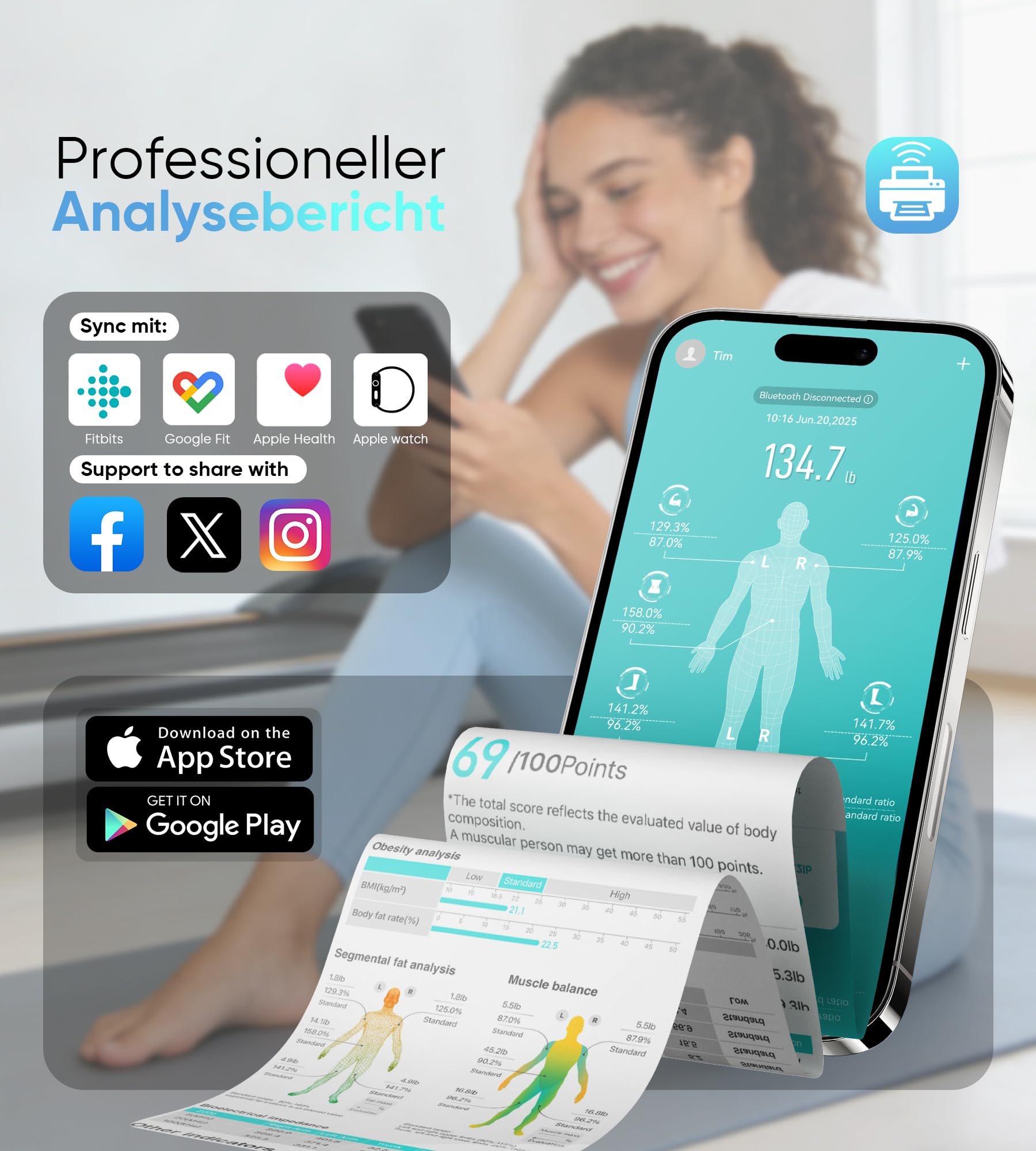 Körperfettwaage mit 8 Elektroden, Personenwaage mit 58 Körperanalyse Bluetooth App mit Handsensoren Waage mit Körperfett und Muskelmasse für Protein, BMI, BMR, Großem Display,180 kg/400 lbs
