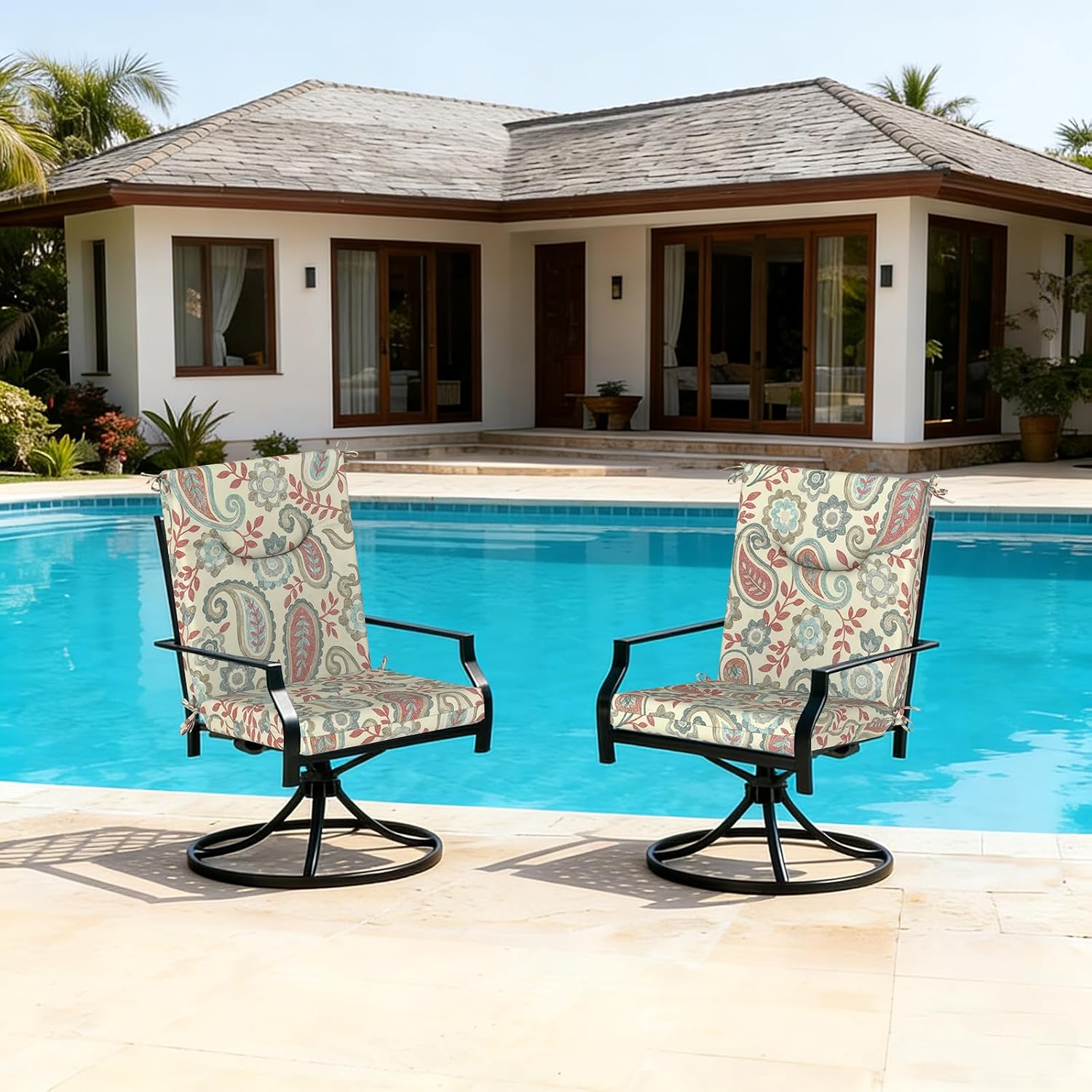 DYTXIII Outdoor High Back Chair Cushions Set of 2, 44x20 in Water Repellent Patio Seat Cushions with Elastic Sponge, All Weather Cushions for Rocking, Dining Chairs, Patio Furniture - Paisley Vintage