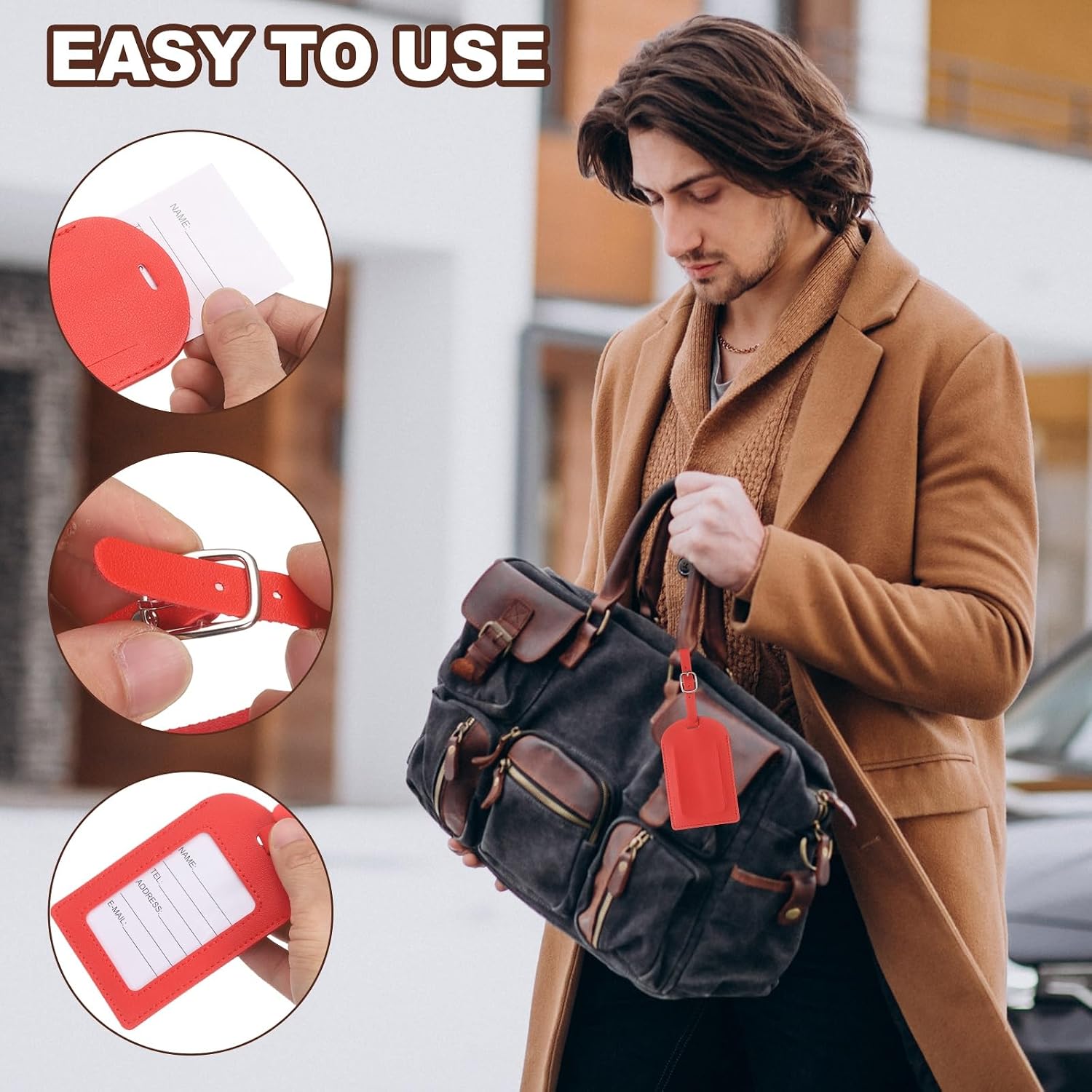 uxcell Luggage Tags PU Leather Suitcases ID Bag Tags Gray 4Pcs image 5