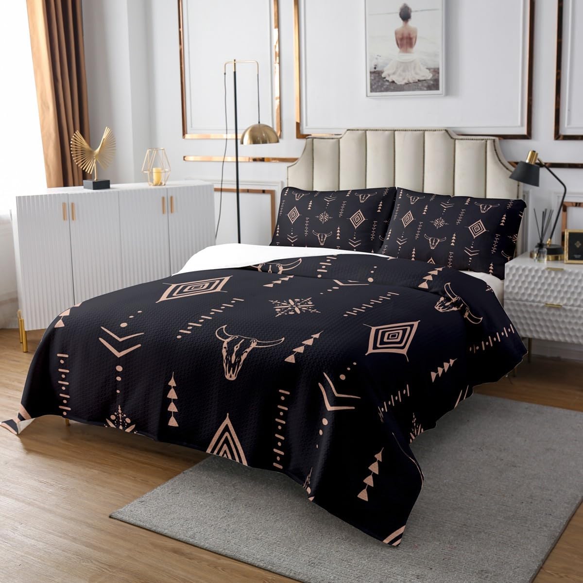 Bull Skull Quilt Set Queen Boho Bedspread Set Ethnic Horns Bohemian Coverlet Set Brown Tribal Symbol Mysterious Aztec Bedroom Decor Abstract Geometric Bed Set for Men Boys