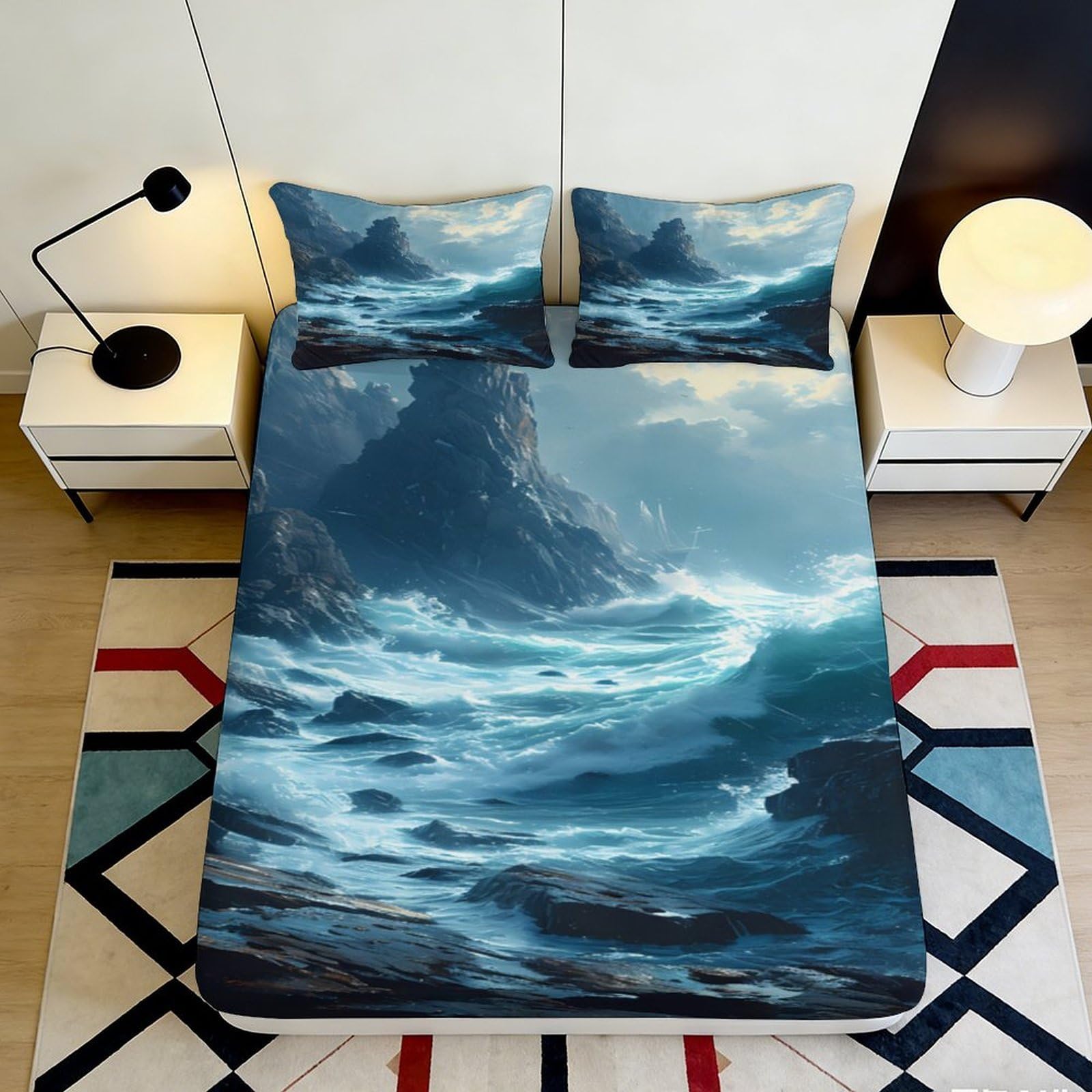 3D Printed Ocean Wave Fitted Sheet Microfiber Soft Durable Sea Storm Bed Cover for Bedroom Dormitory Guest Room Mattress Protection Decor 200x200x25cm