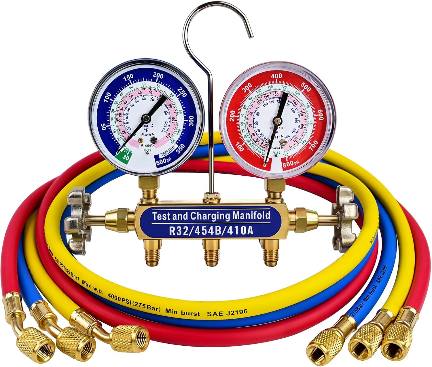 42036 A2L Manifold Gauges Set for R-32/454B/410A,3-1/8" Gauges, 60" Hose | 2-Valve,3-1/8" (80 mm) Gauges,Standard 1/4″ Flare Fittings,60" R/Y/B Refrigerant Hose,HVAC Manifold Gauge,A/C Manifold Gauge