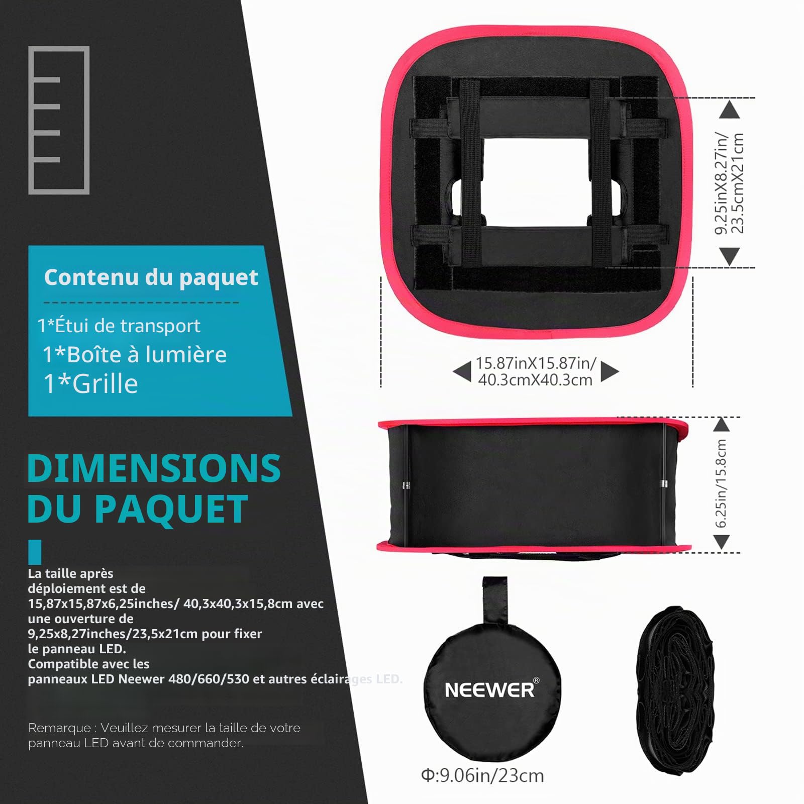 Neewer Boîte à Lumière Softbox Pliable avec Attache de Sangle, Grille et Sac de Transport Compatible avec Neewer 480/660/530 LED Panneaux d'Éclairage, Ouverture de 9,8 x 8,7 cm (Noir + Rouge)