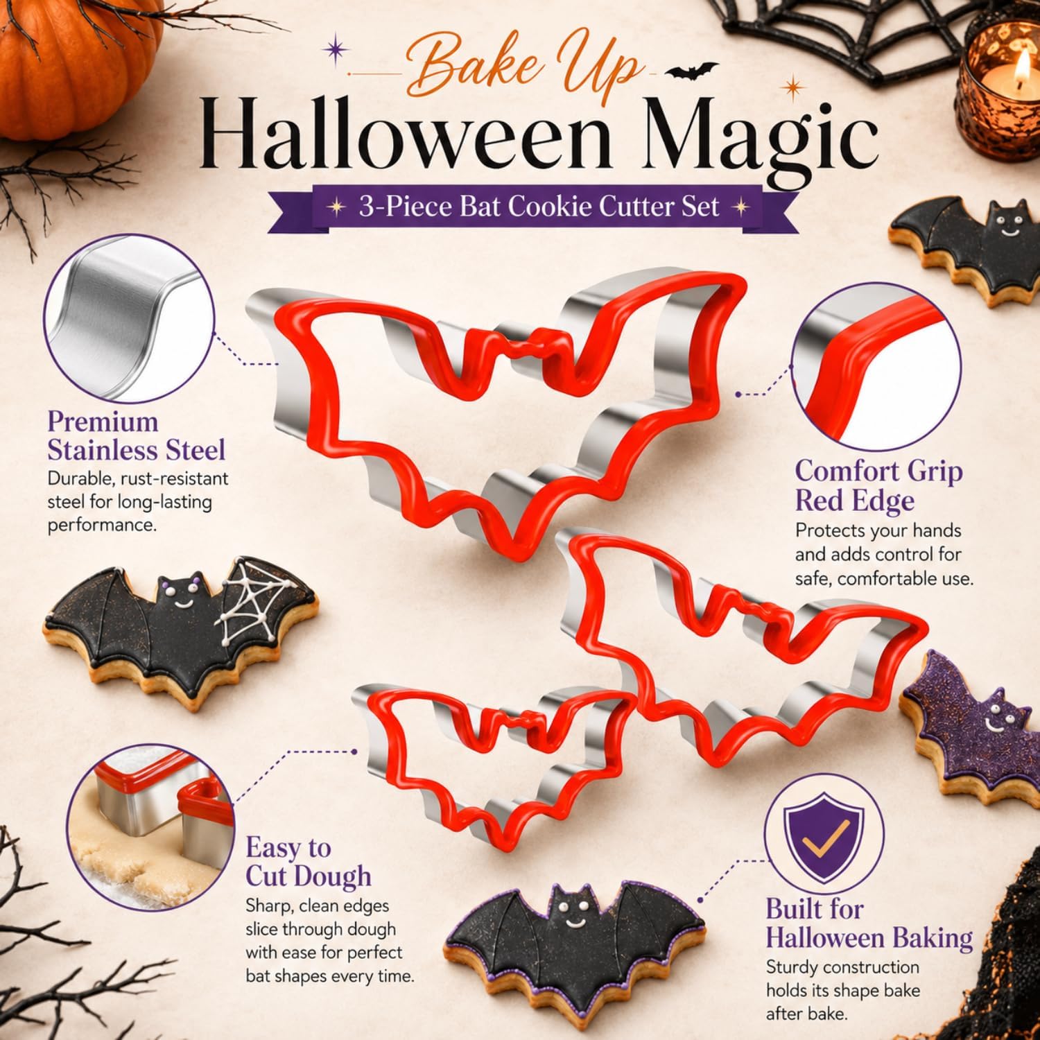Halloween Bat Cookie Cutters, 3-Piece Stainless Steel Set