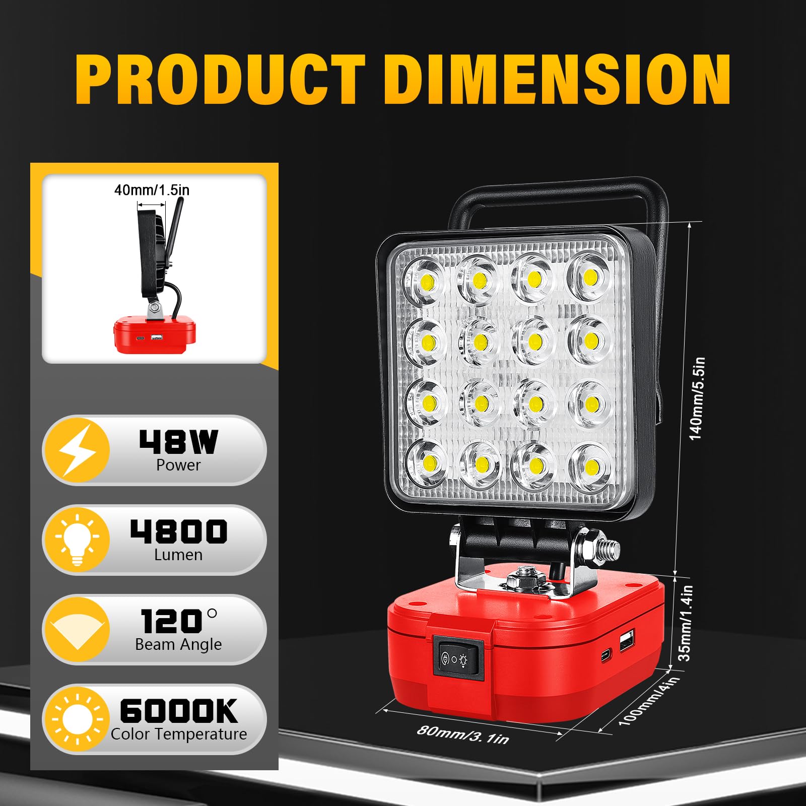 RIGIDON Recargable Portatil Foco de Trabajo Led para Batería Milwaukee M18 18V /20V (Sin Batería), 4 Pulgadas 48W 4800LM Foco Led Lámpara para Camping, Trabajo, Pesca, Emergencia, 6000K Blanca