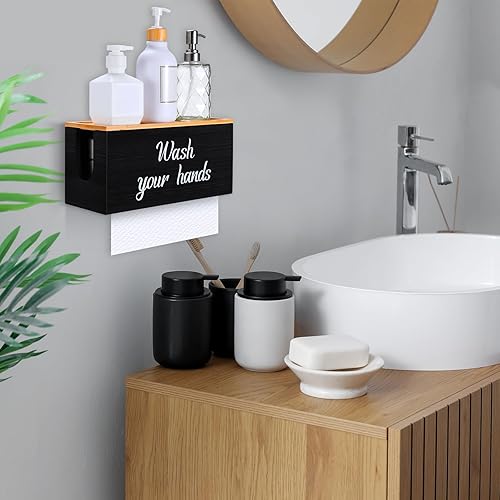 Miniatura 6 de Paquete de 2 soportes para toallas de papel de montaje en pared con tapa, dispensador de toallas de papel de madera maciza para el hogar y