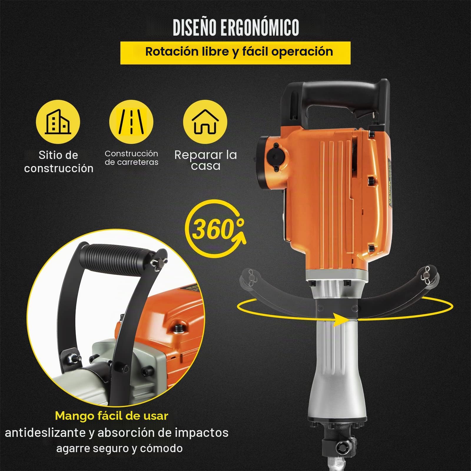 VEVOR Martillo demoledor eléctrico 1500 W 65 A Martillo demoledor con mango ergonómico giratorio a 360° para hormigón, ladrillos, estucos de azulejos, eliminación de cimientos de viviendas