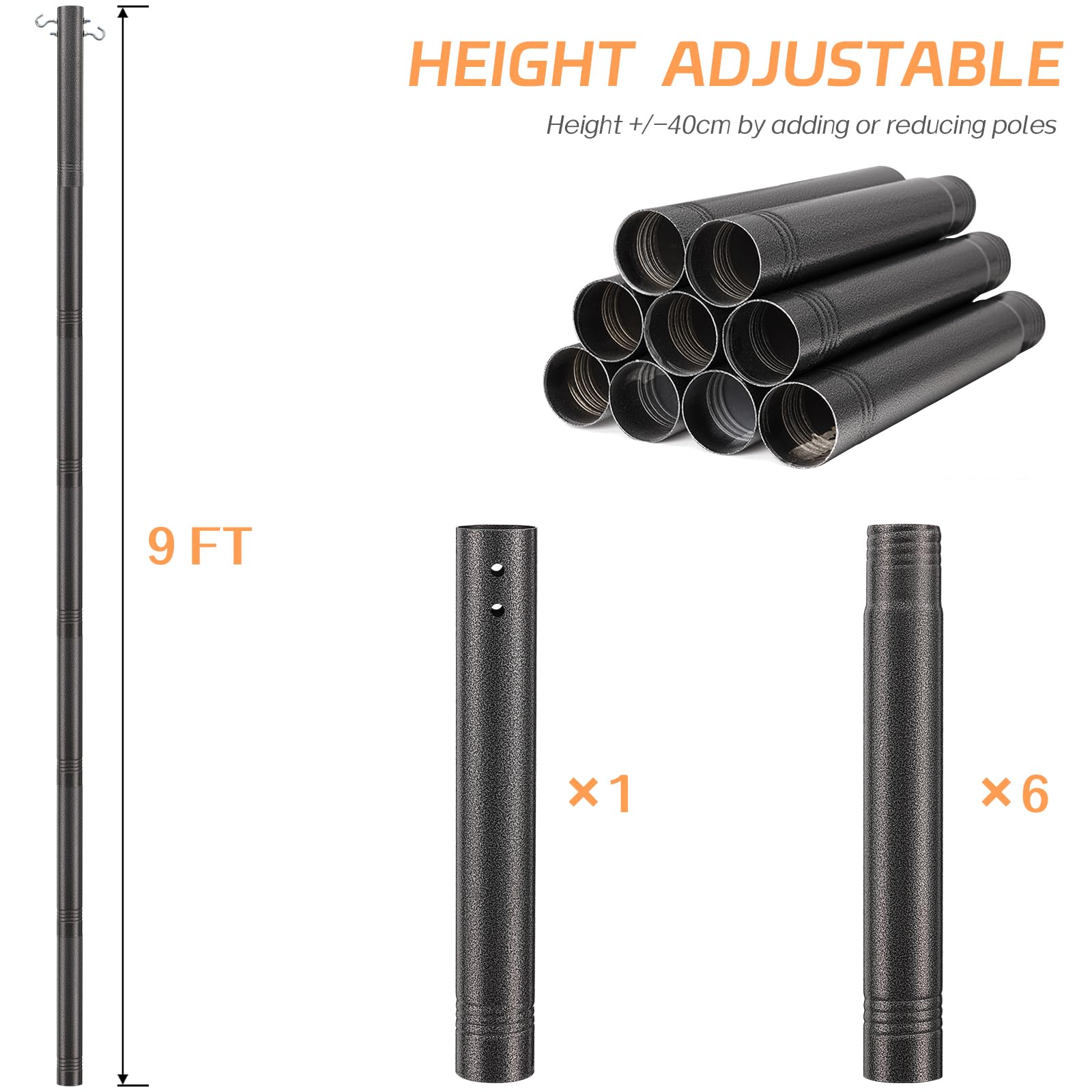 Kit de bastones de sombra, 63 mm de grosor, para exteriores, para jardín (color gris, 9 pies)