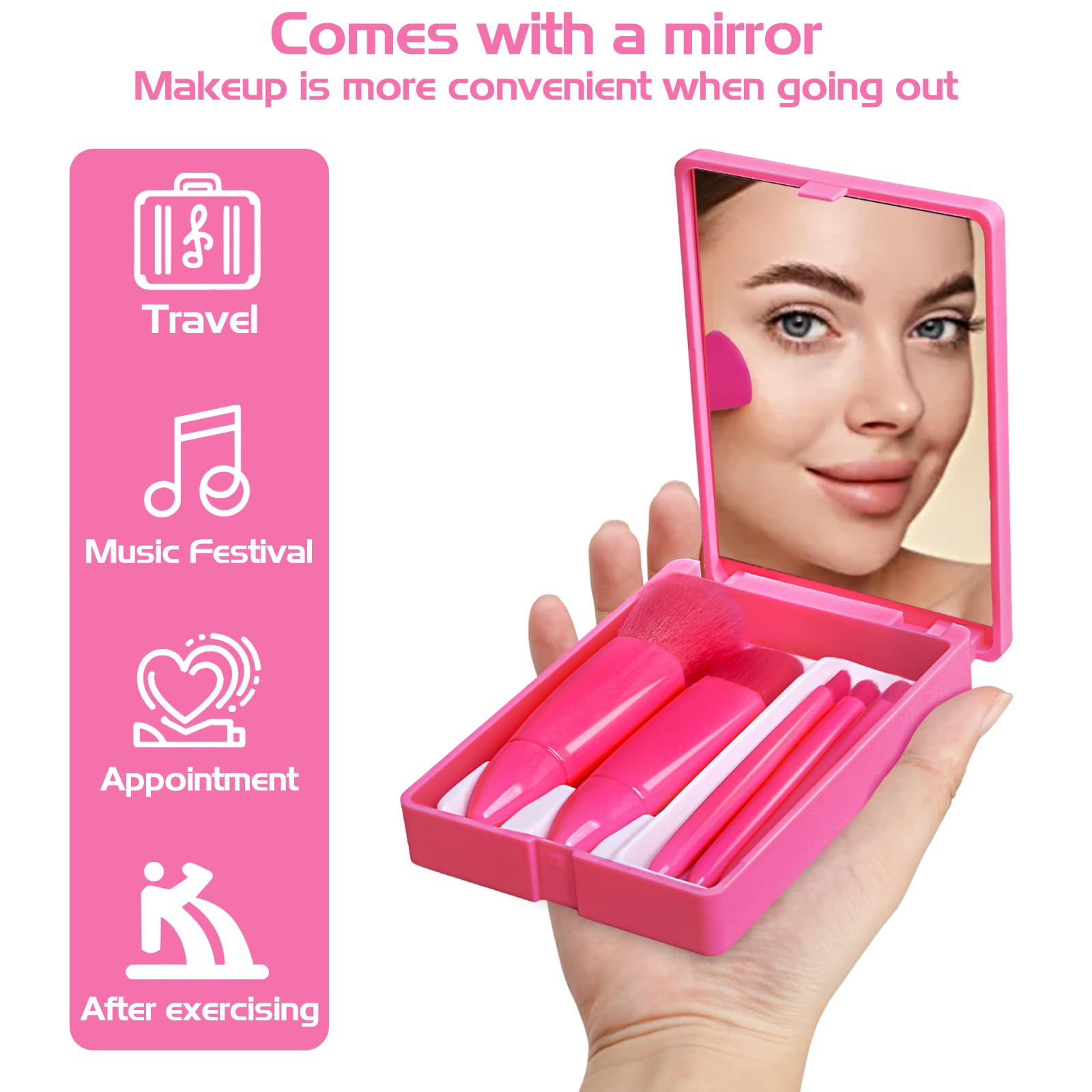 Travel Makeup Brush Set, Portable 5 PCS Mini Makeup Brushes with Mirror, Easy-taken Makeup Tool Set for Eyeshadow Contour - Image 2