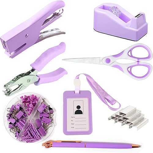 Purple Office Supplies - Juego de grapadora y dispensador de cinta, tijeras, perforador de un solo agujero, soporte para tarjeta de identificación