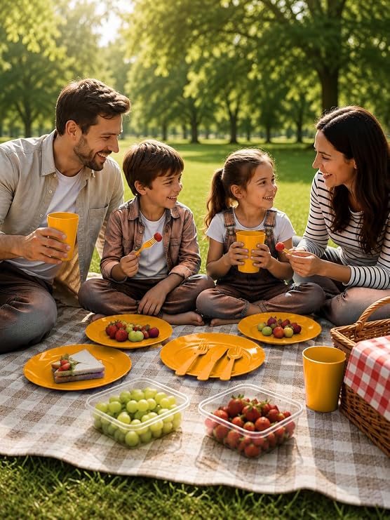Beylini 20 Parça Piknik Seti Tabak Çatal Kaşık Bıçak Bardak 4 Kişilik Gezi Set Kahvaltı Makinede Yıkanabilir Set (Turuncu)